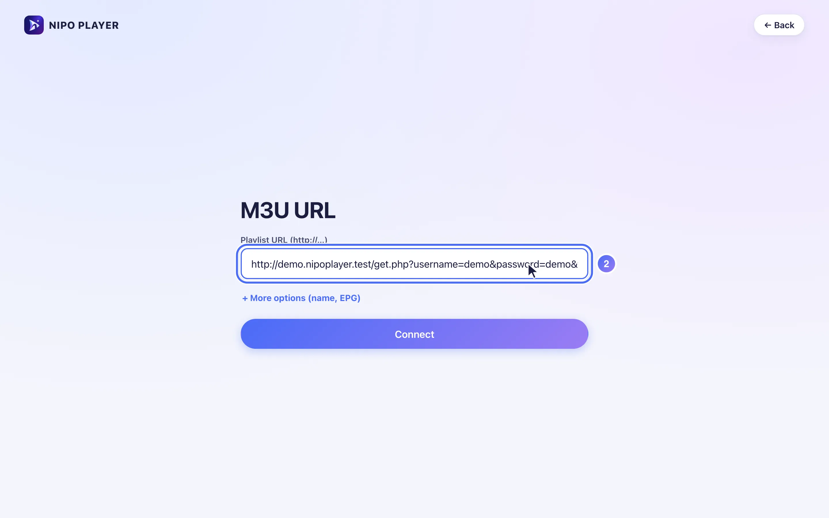 The Playlist URL field filled with an example link