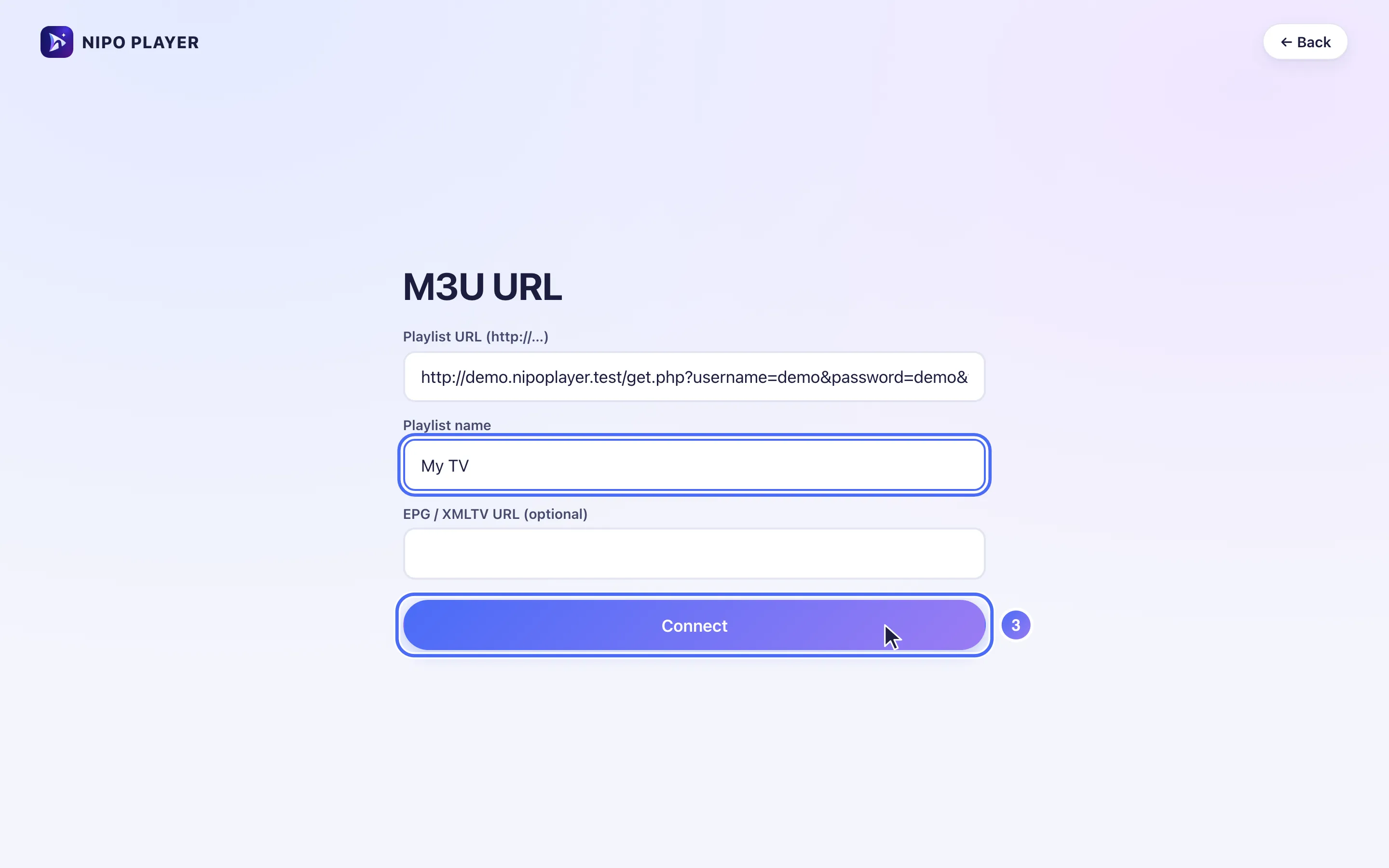 Einen M3U-Link auf nipoplayer.com hinzufügen und an den Player senden