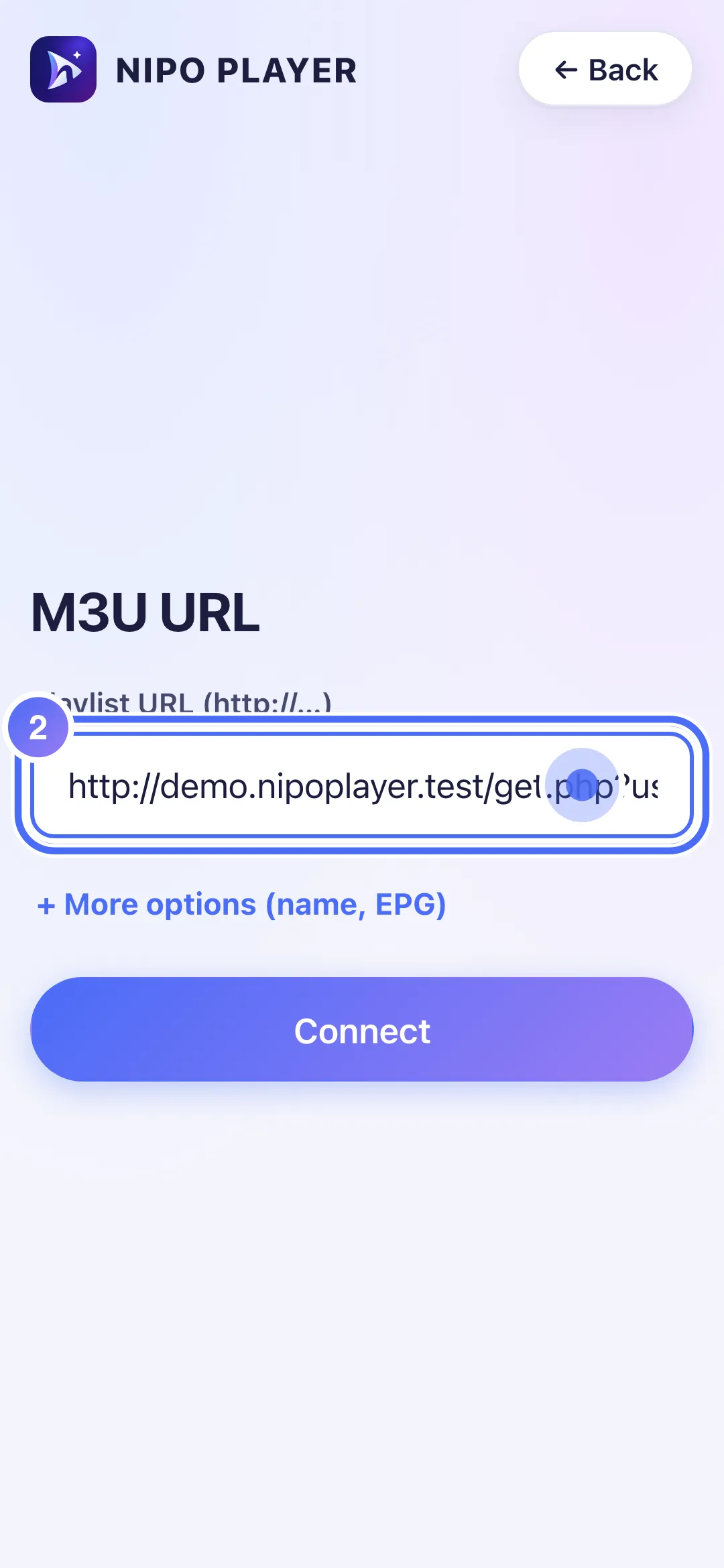 The Playlist URL field filled with an example link