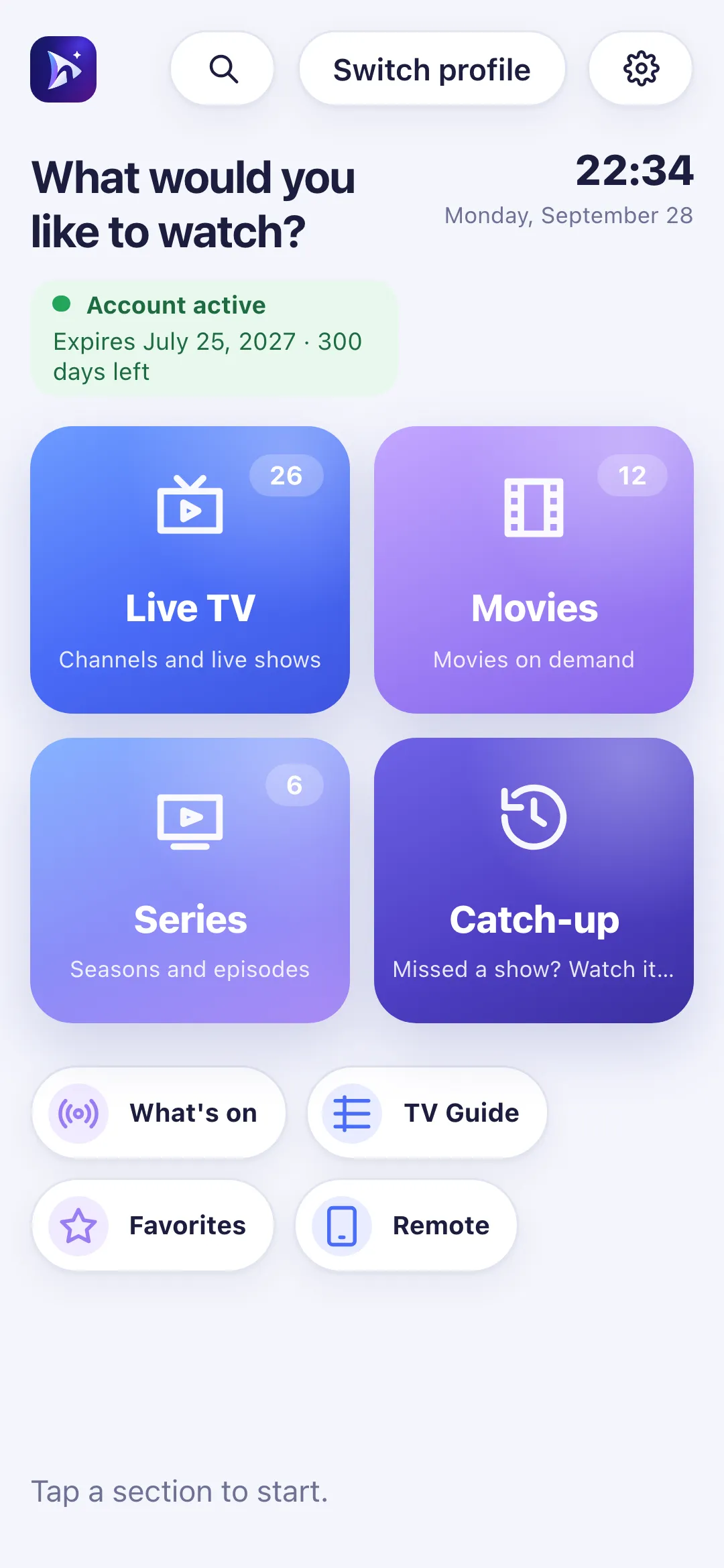 Nipo Player’s Home screen after connecting