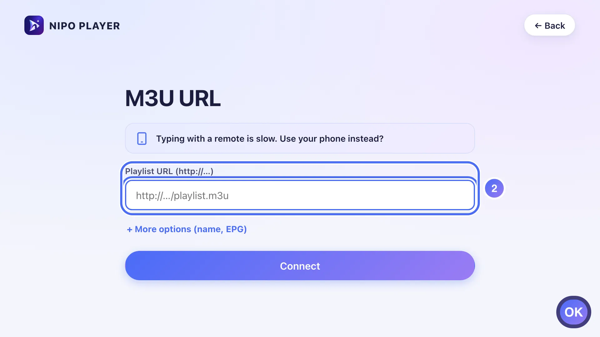 M3U URL form, the Playlist URL field is selected