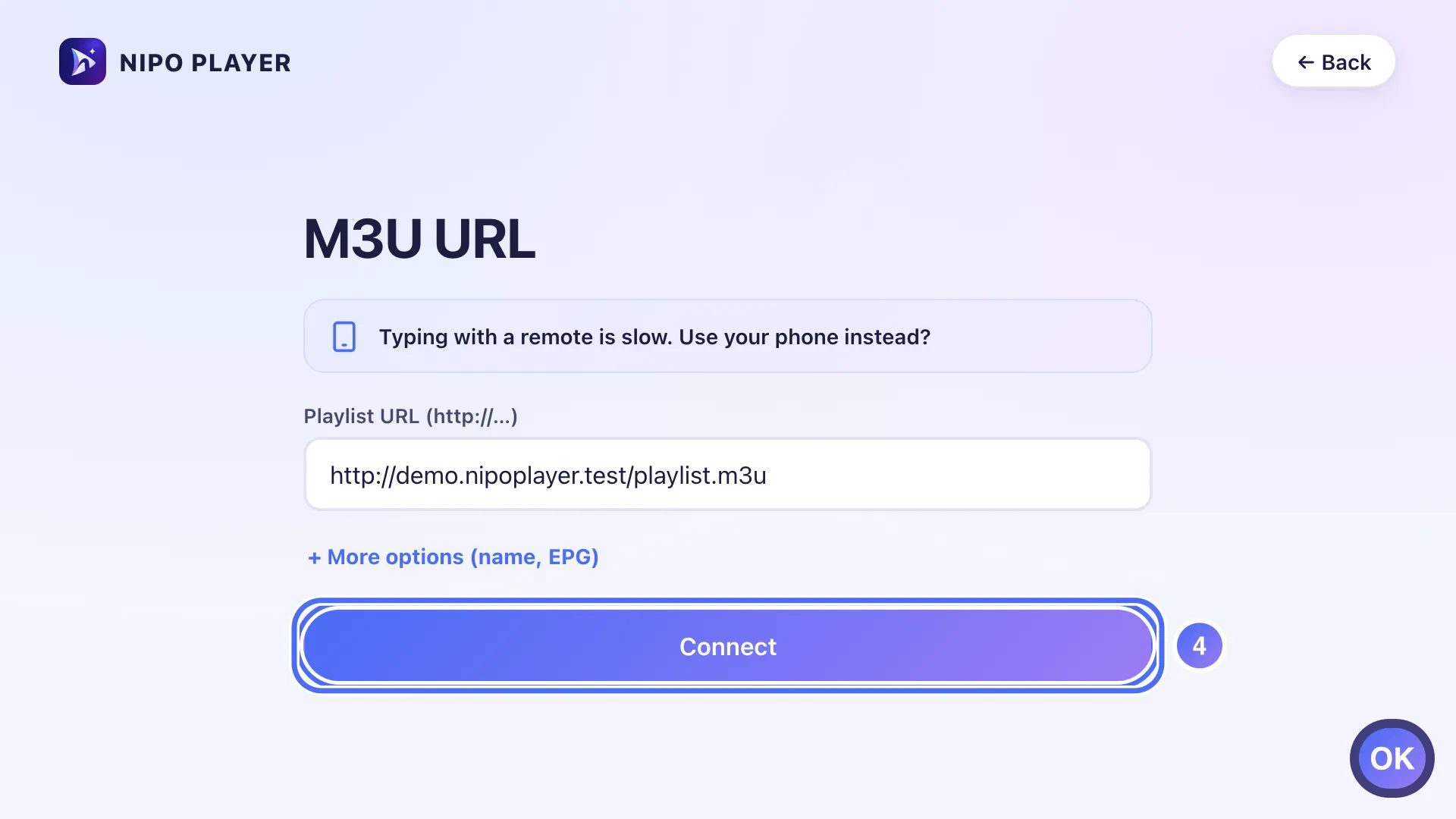 M3U URL form, the Connect button is selected