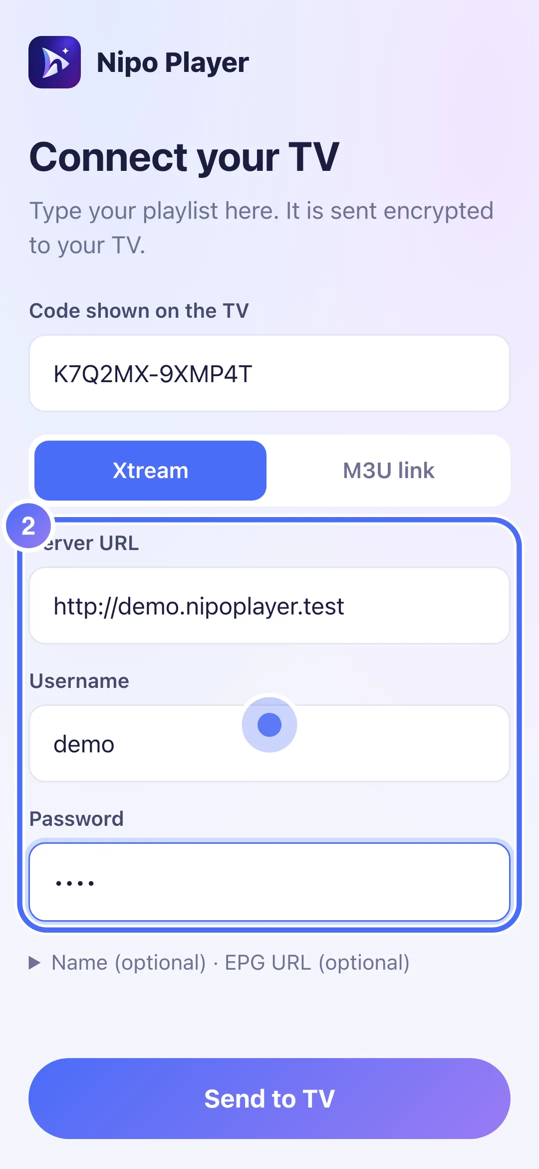 Xtream form filled with example details