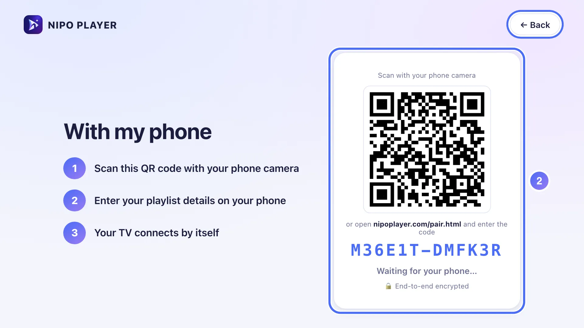 QR code and code to type, waiting for the phone