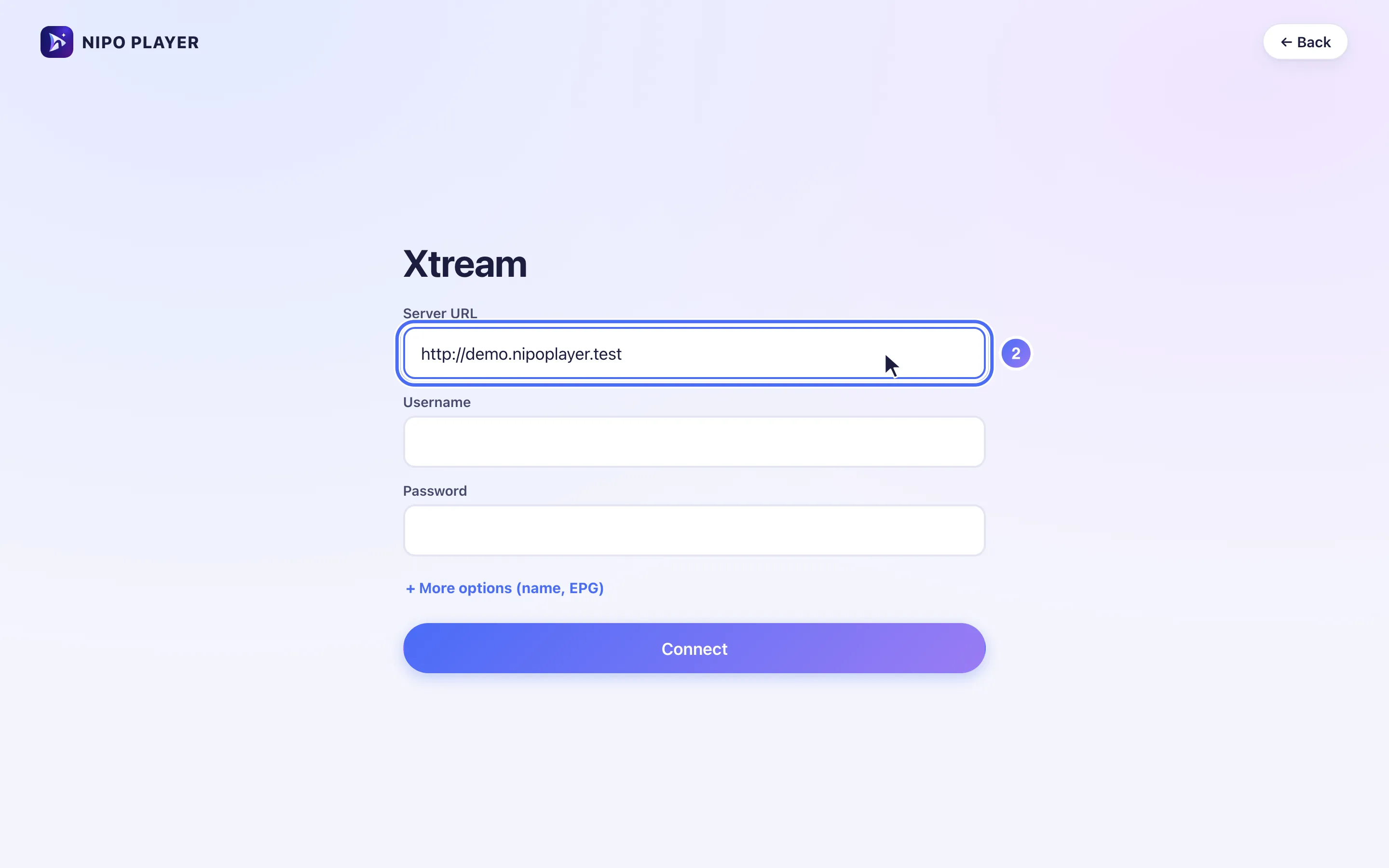The Server URL field filled with an example address