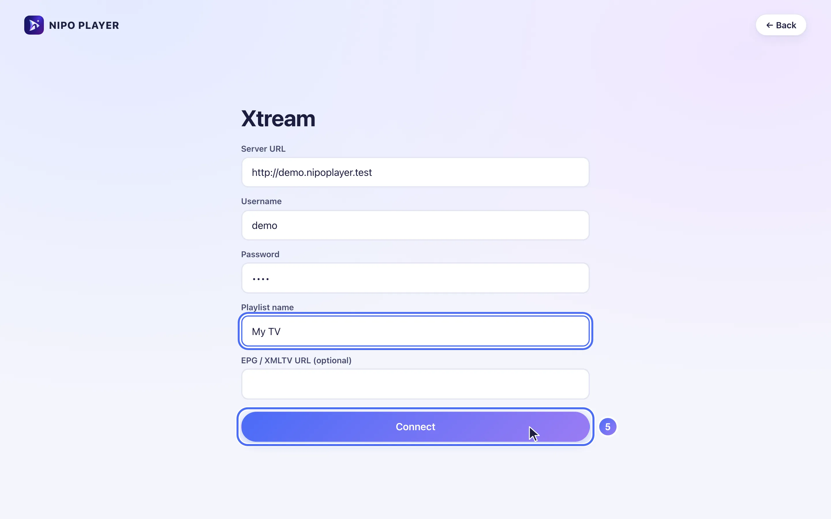 The Connect button at the bottom of the form