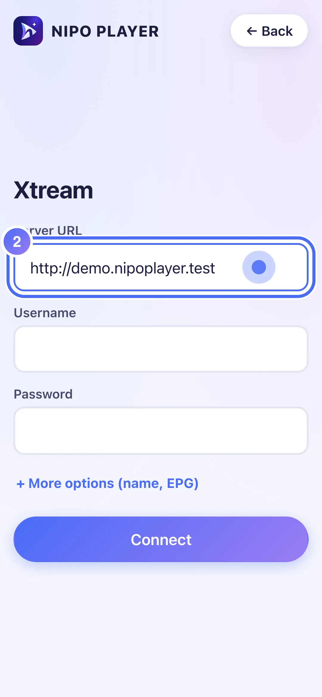 The Server URL field filled with an example address