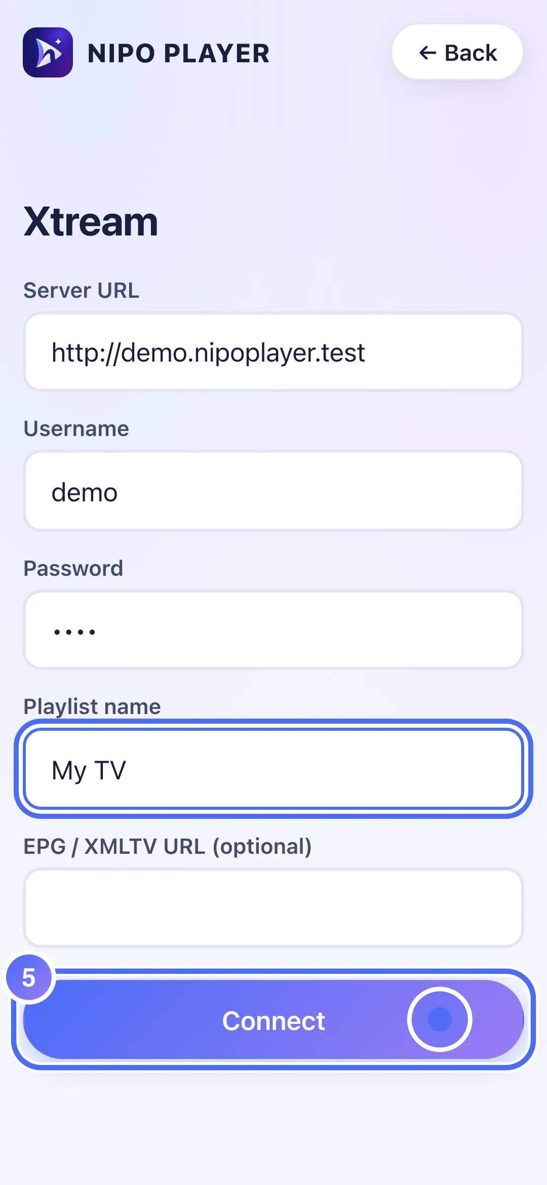 The Connect button at the bottom of the form