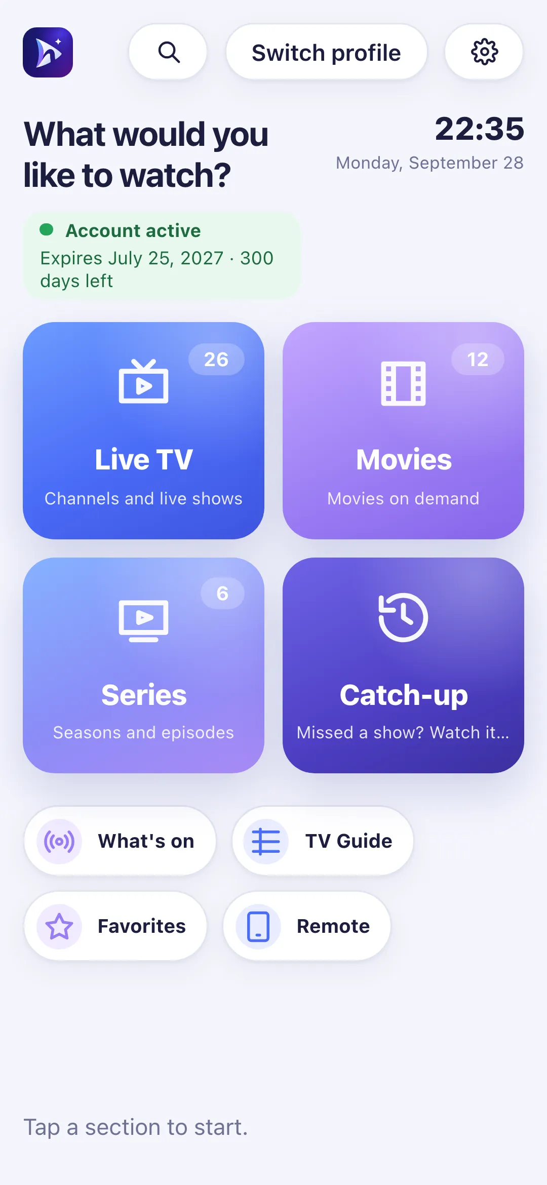 Nipo Player’s Home screen after connecting