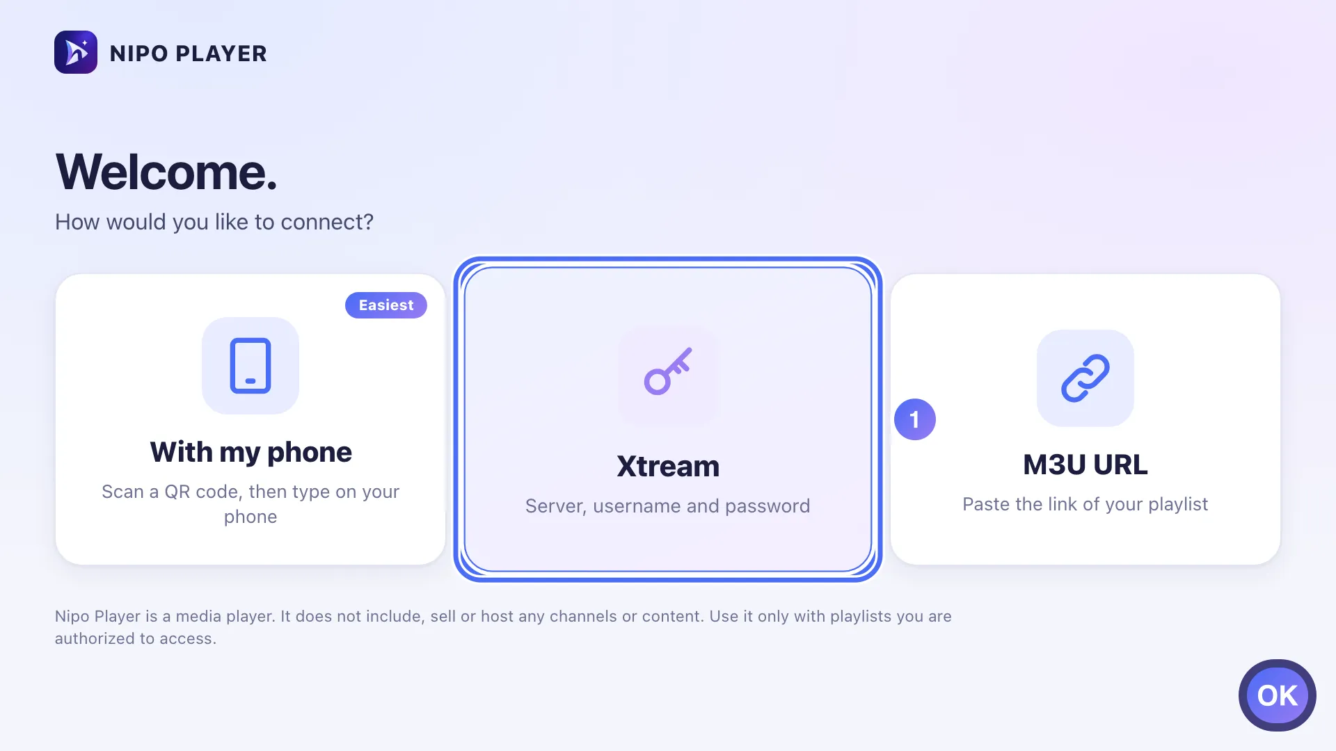 Connect screen, the Xtream tile is selected