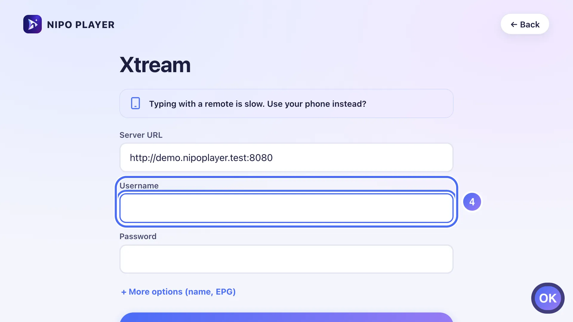 Connection form, the Username field is selected