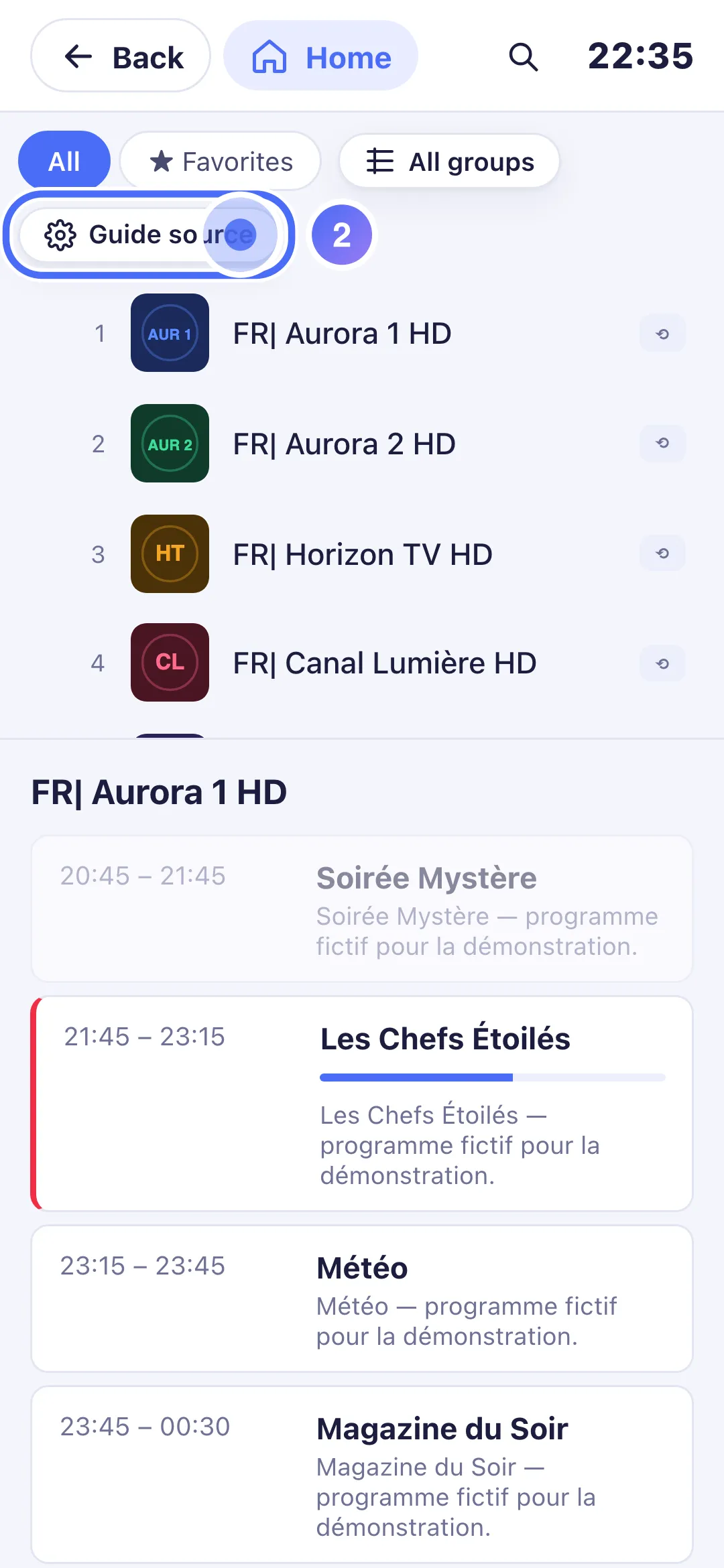 The TV Guide on phone, with the Guide source button at the top