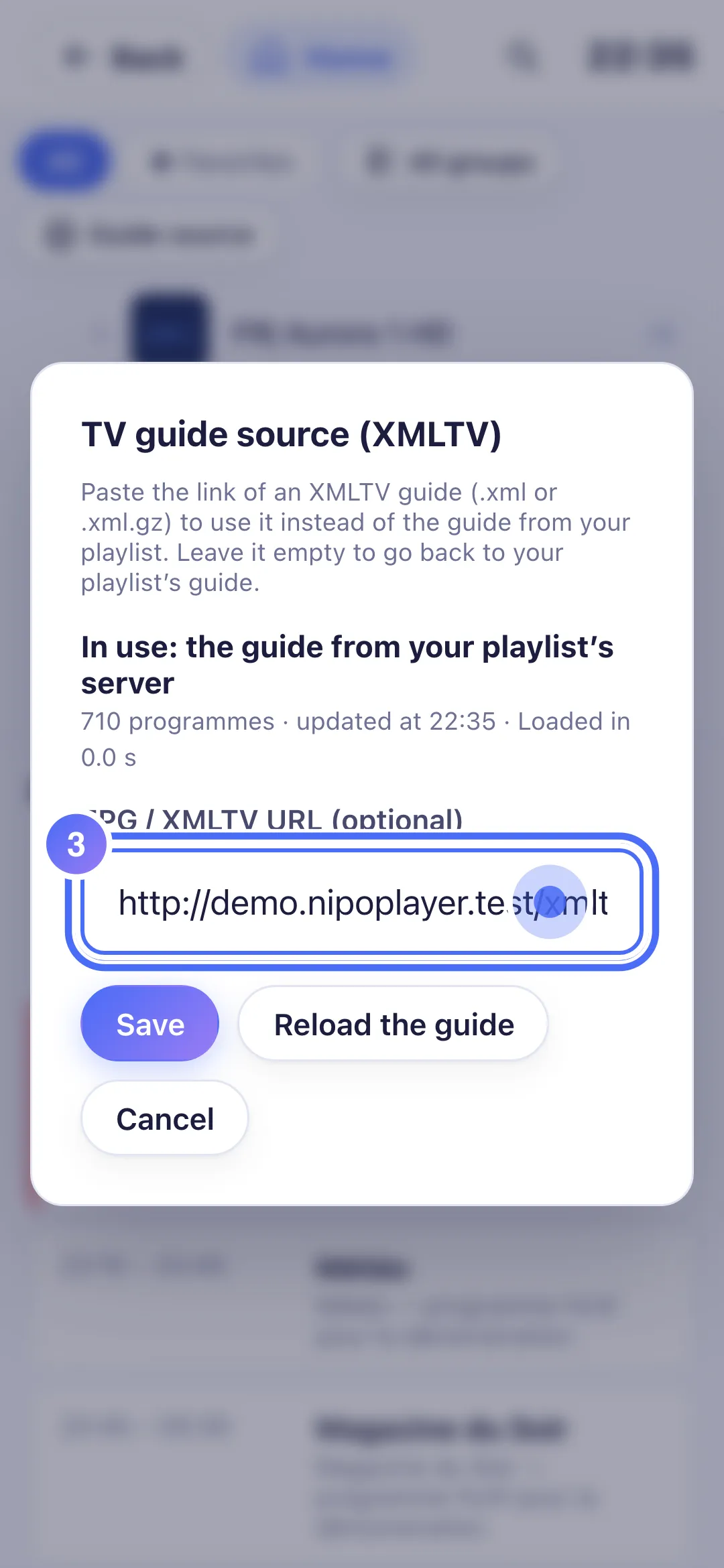 The TV guide source window with an XMLTV link entered
