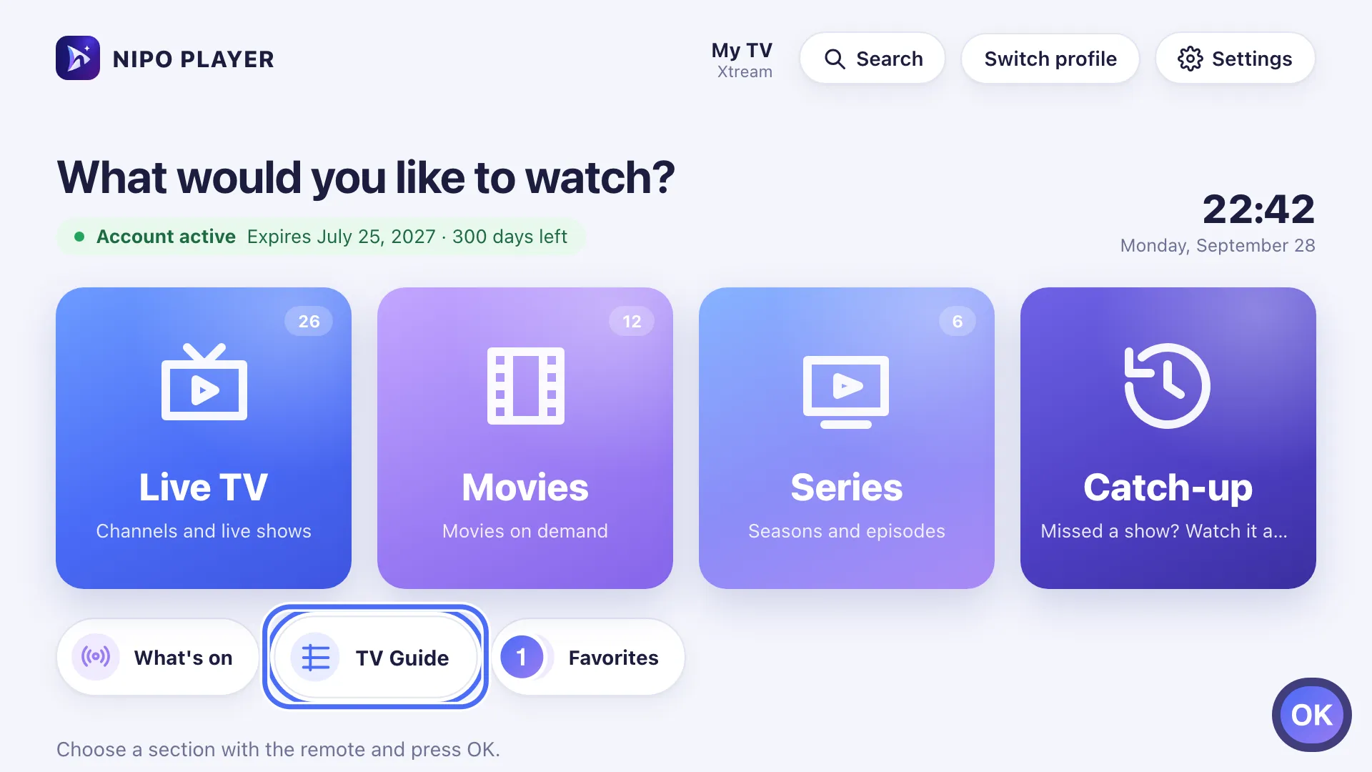 Nipo Player Home, the TV Guide shortcut is selected