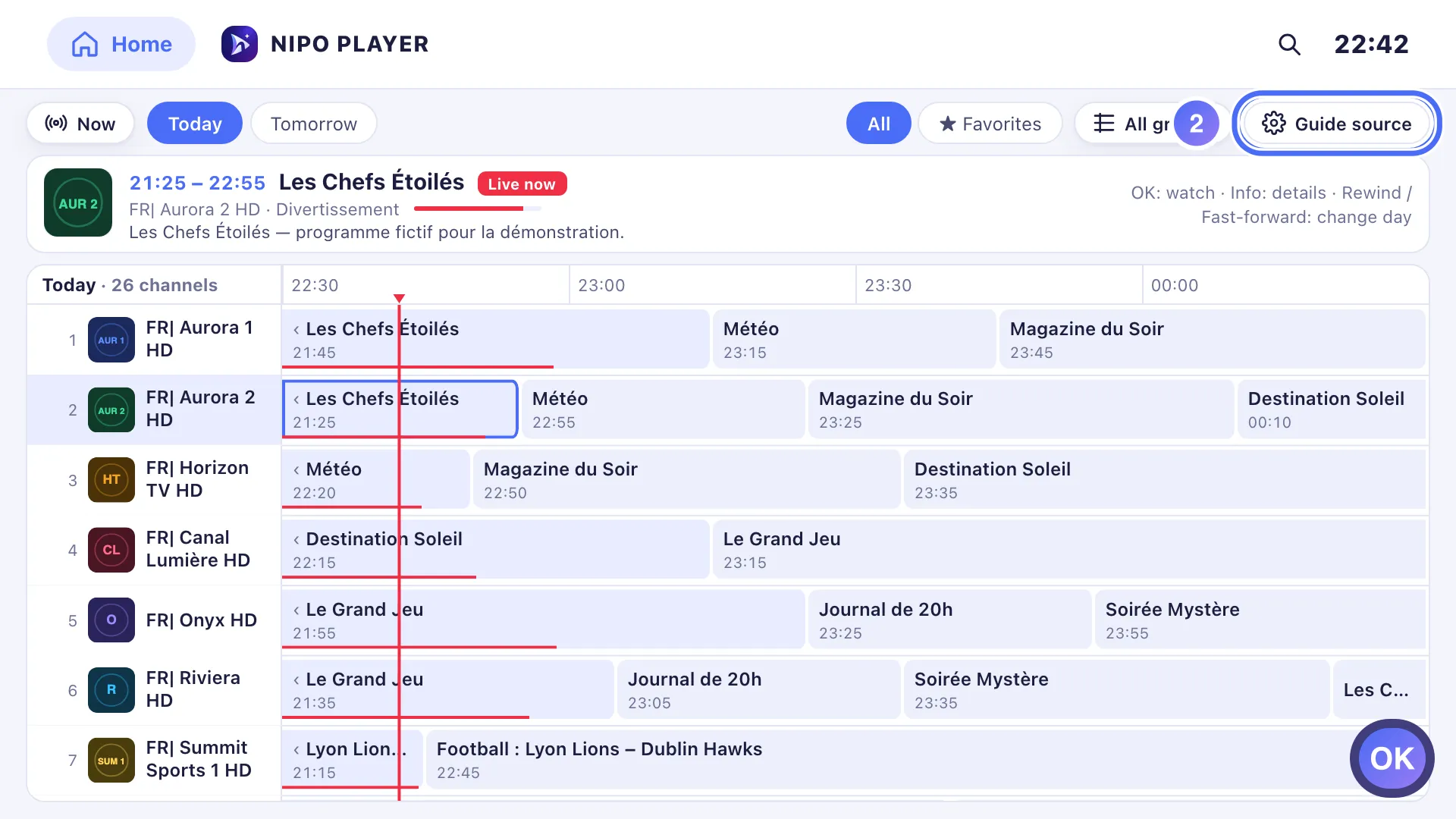 TV guide, the Guide source button is selected