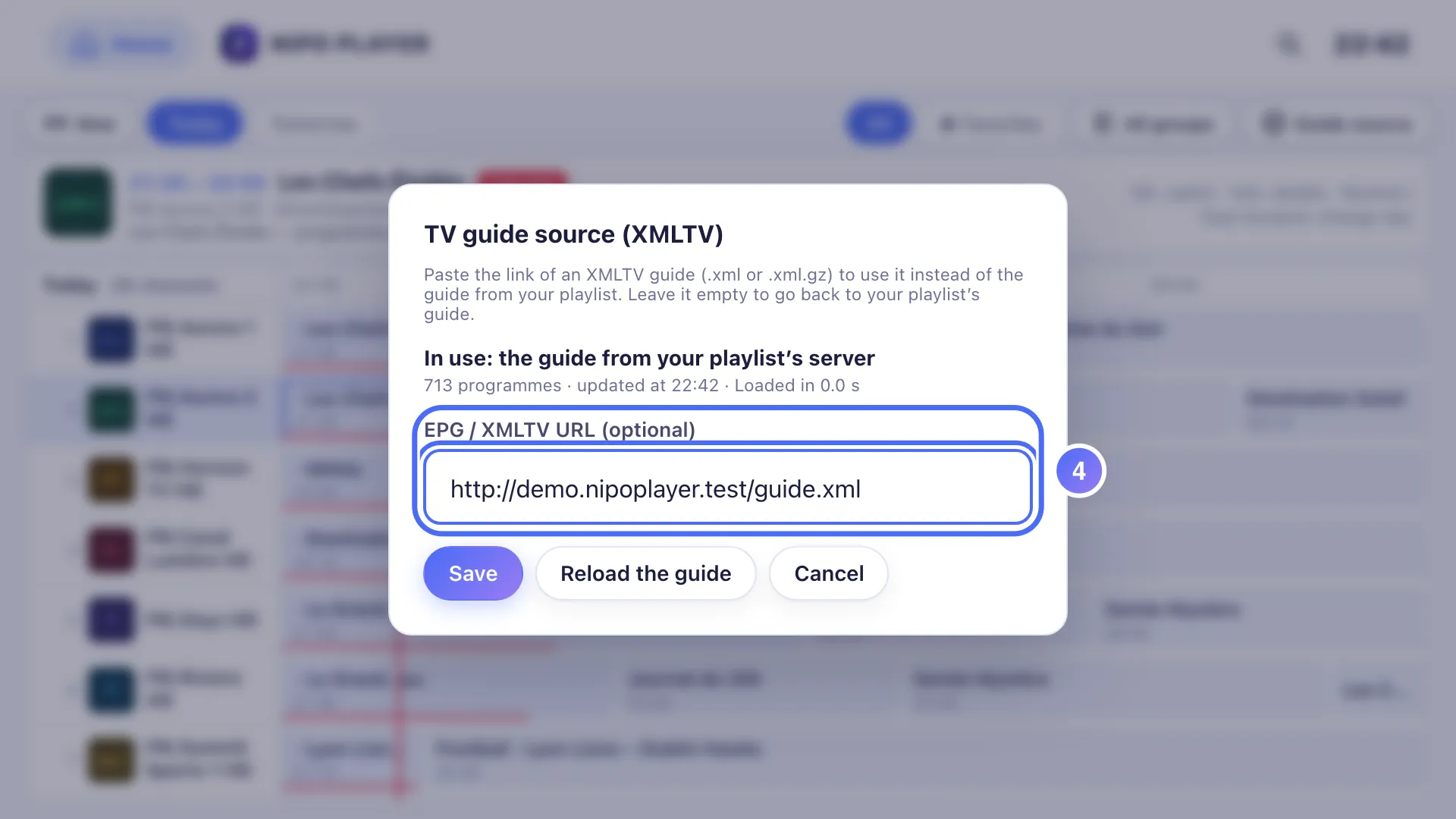 EPG URL field filled with an XMLTV link