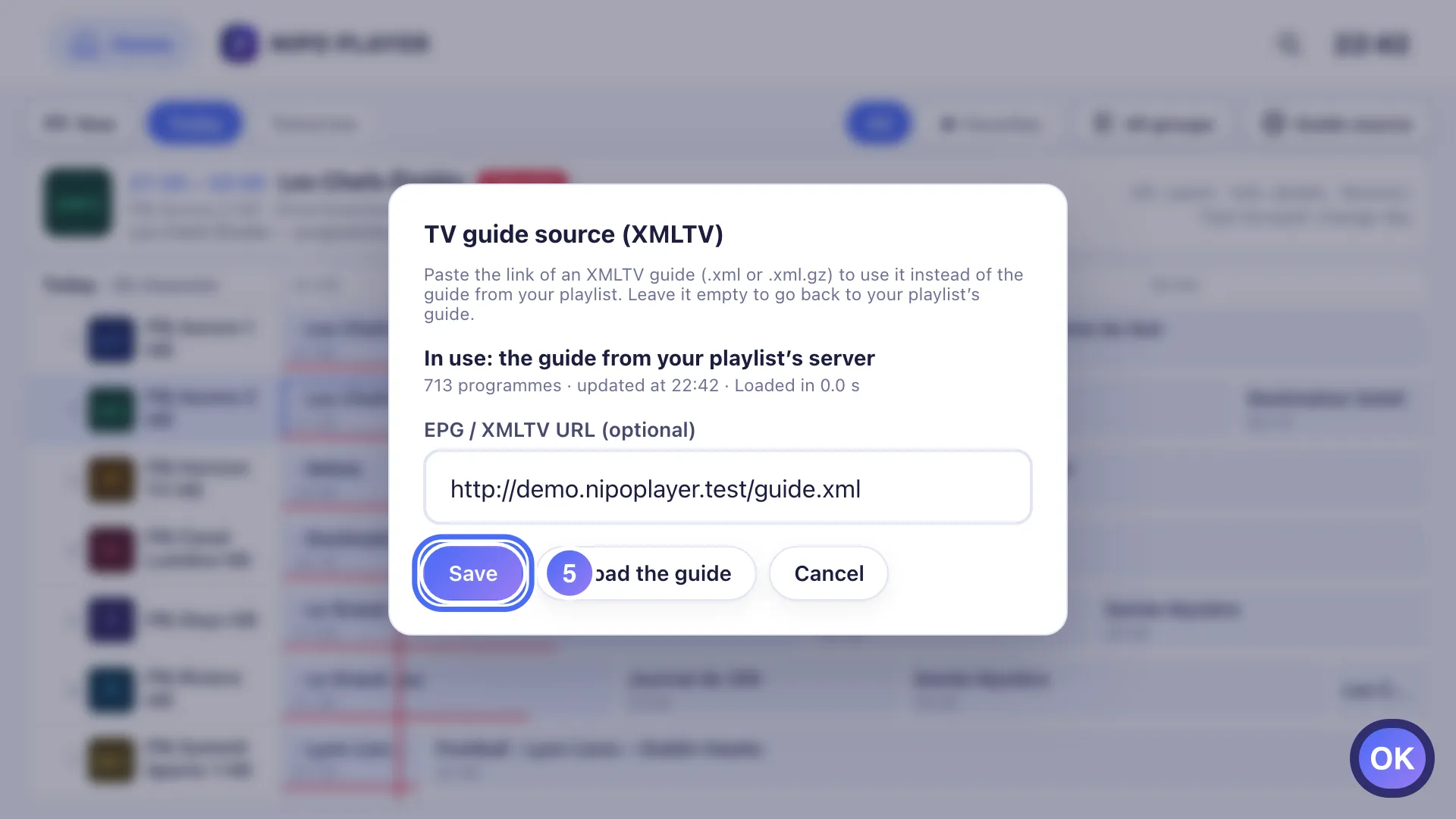TV guide source window, the Save button is selected