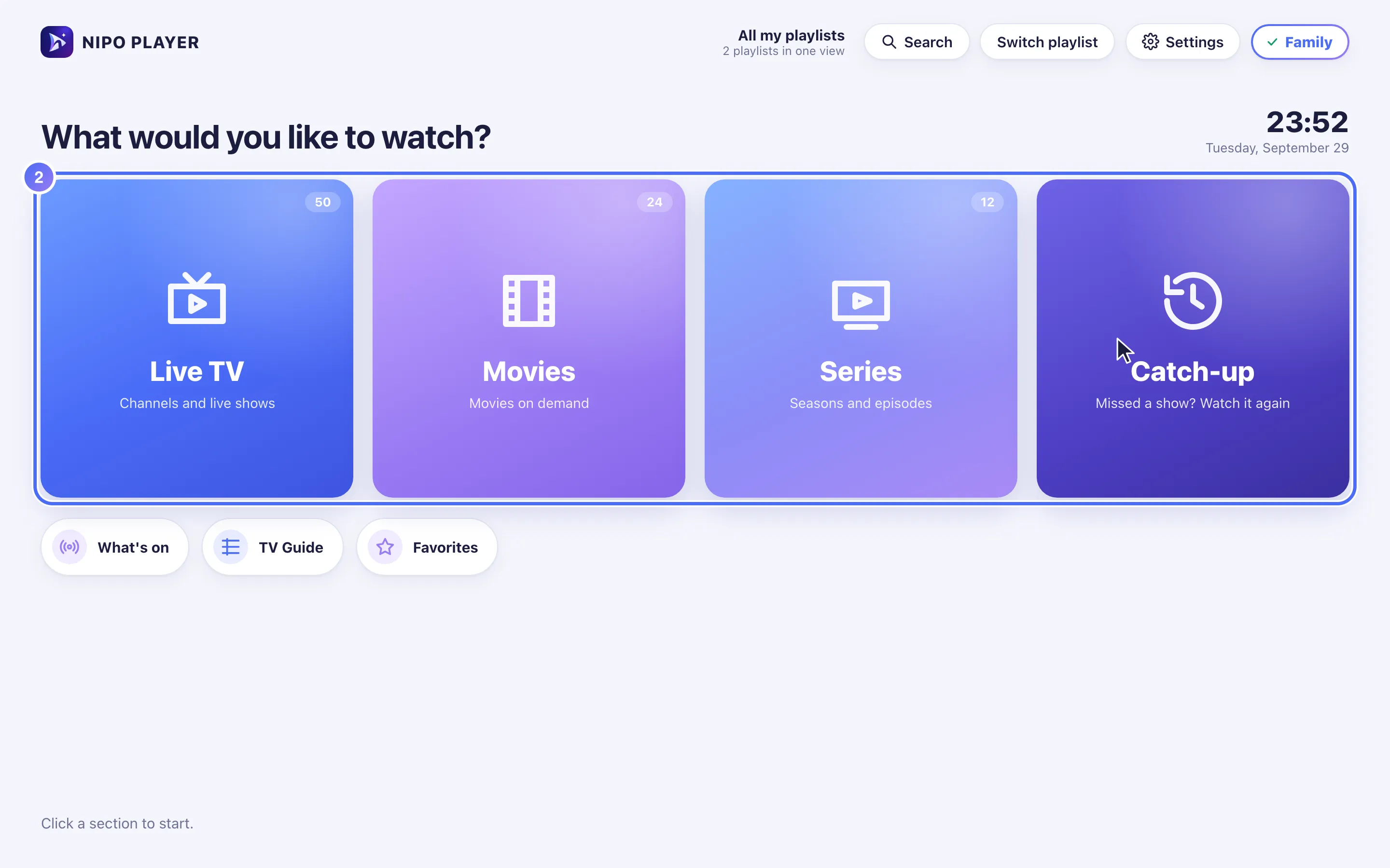 Nipo Player Home with All my playlists active