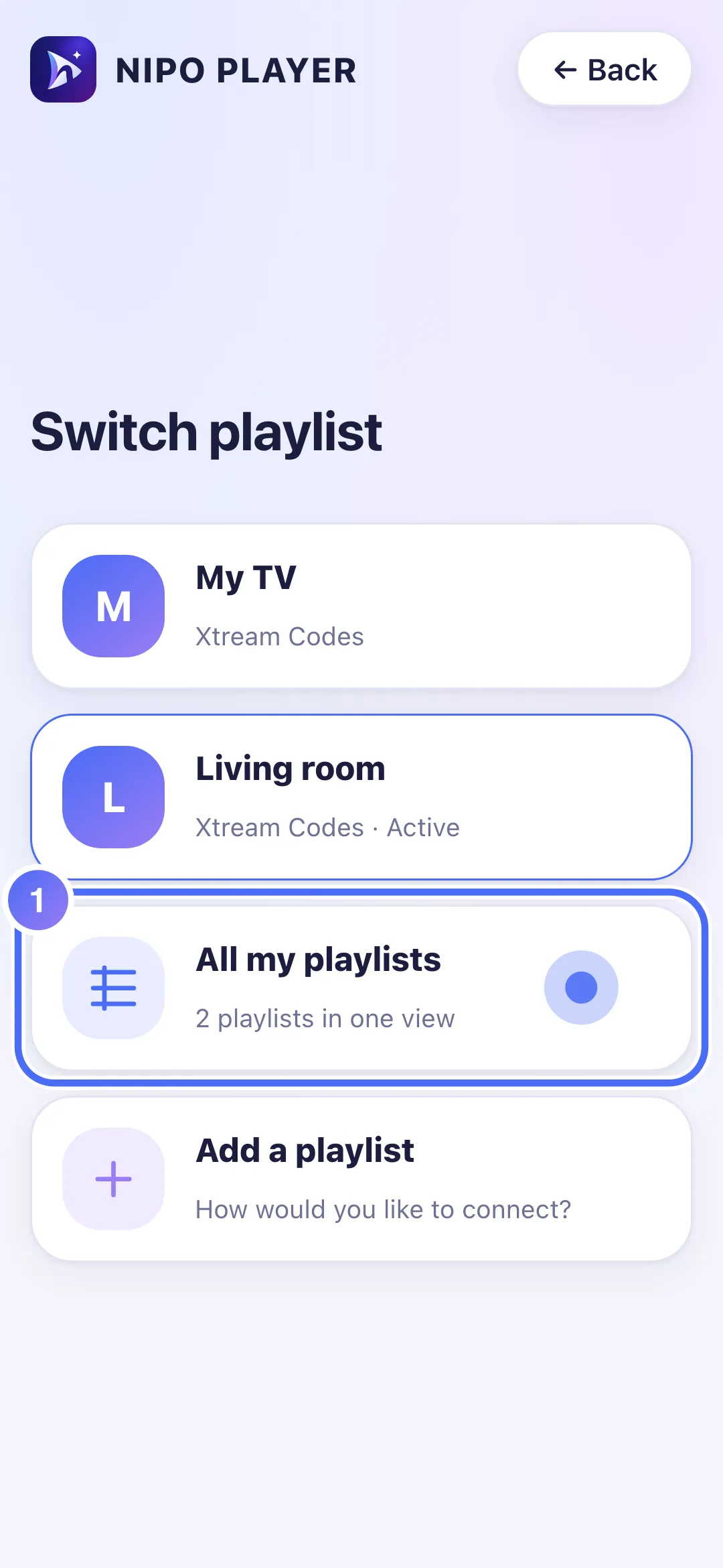 Switch playlist, the All my playlists tile