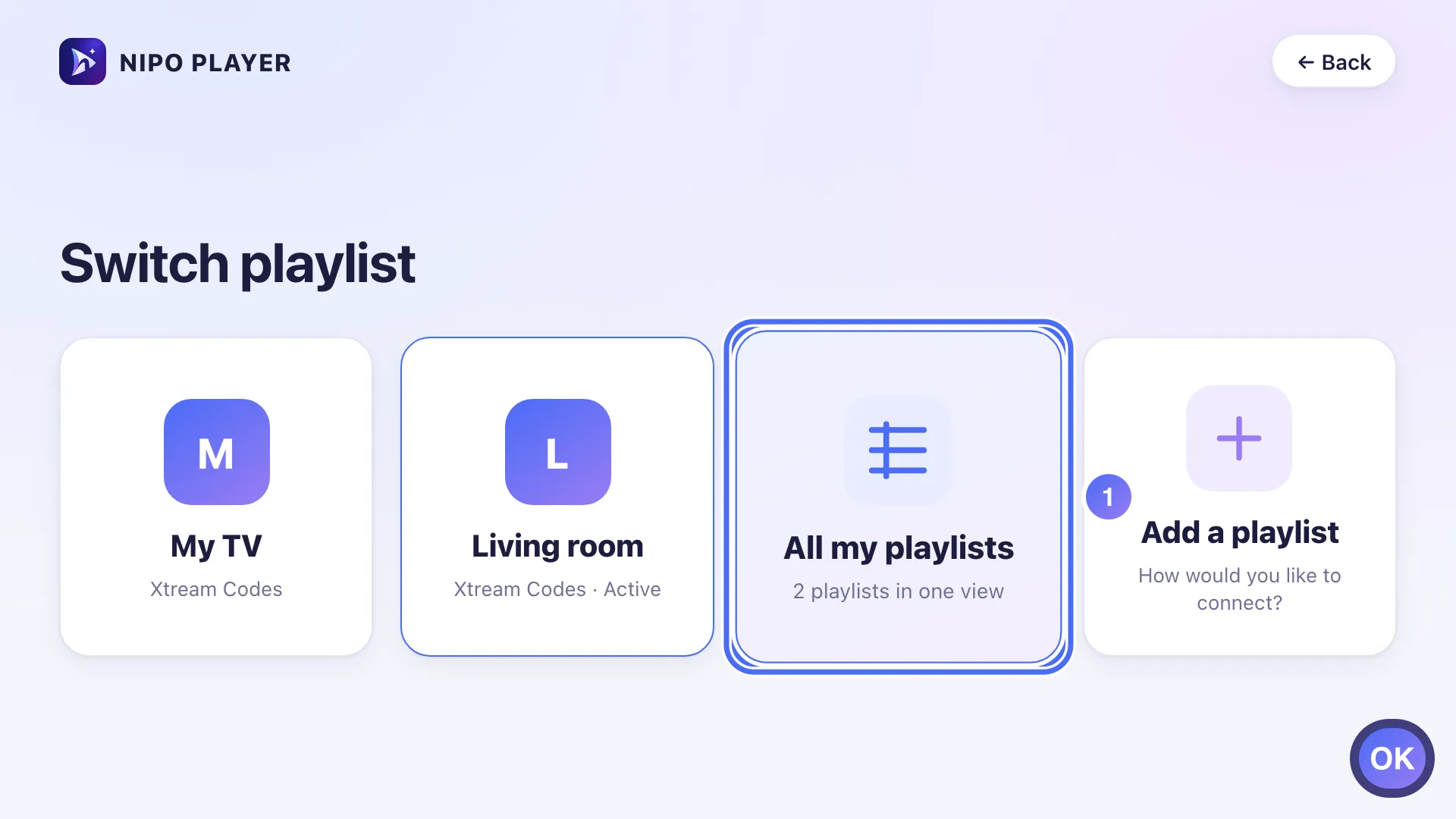 Switch playlist, the All my playlists tile is selected