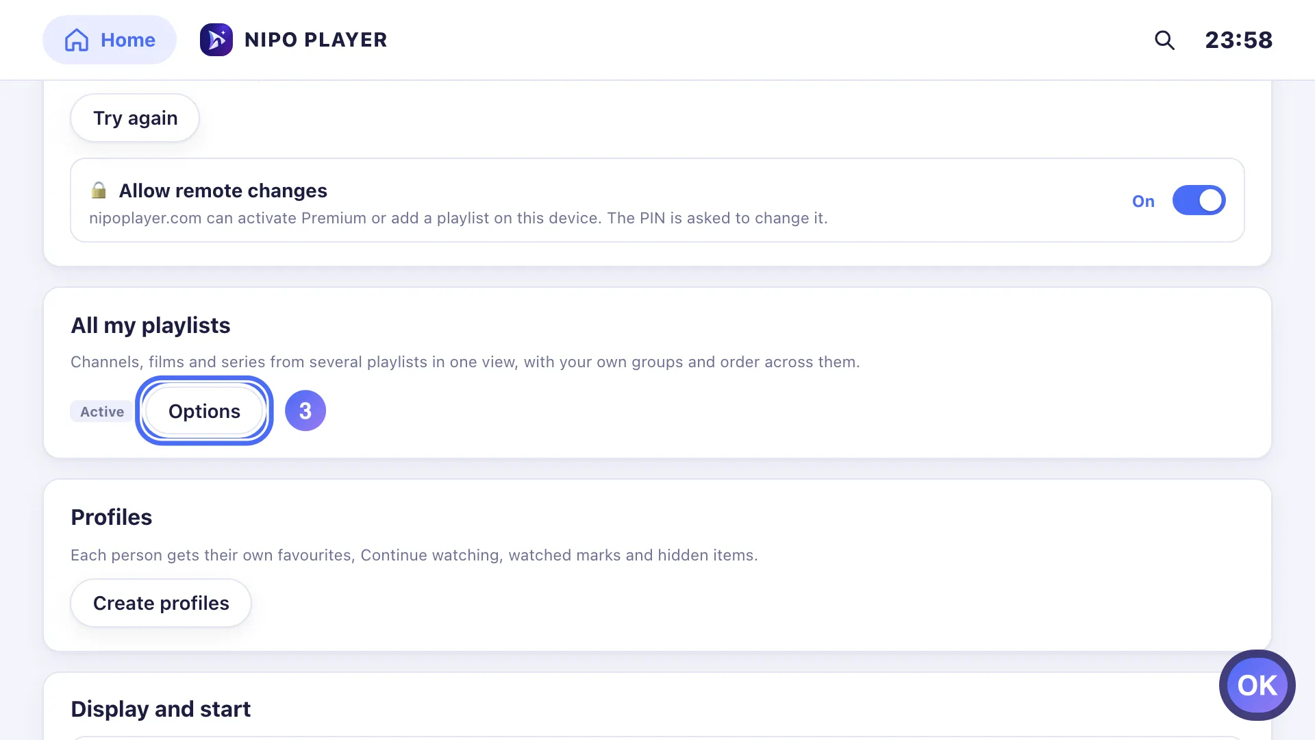 Settings, the All my playlists card with the Options button selected