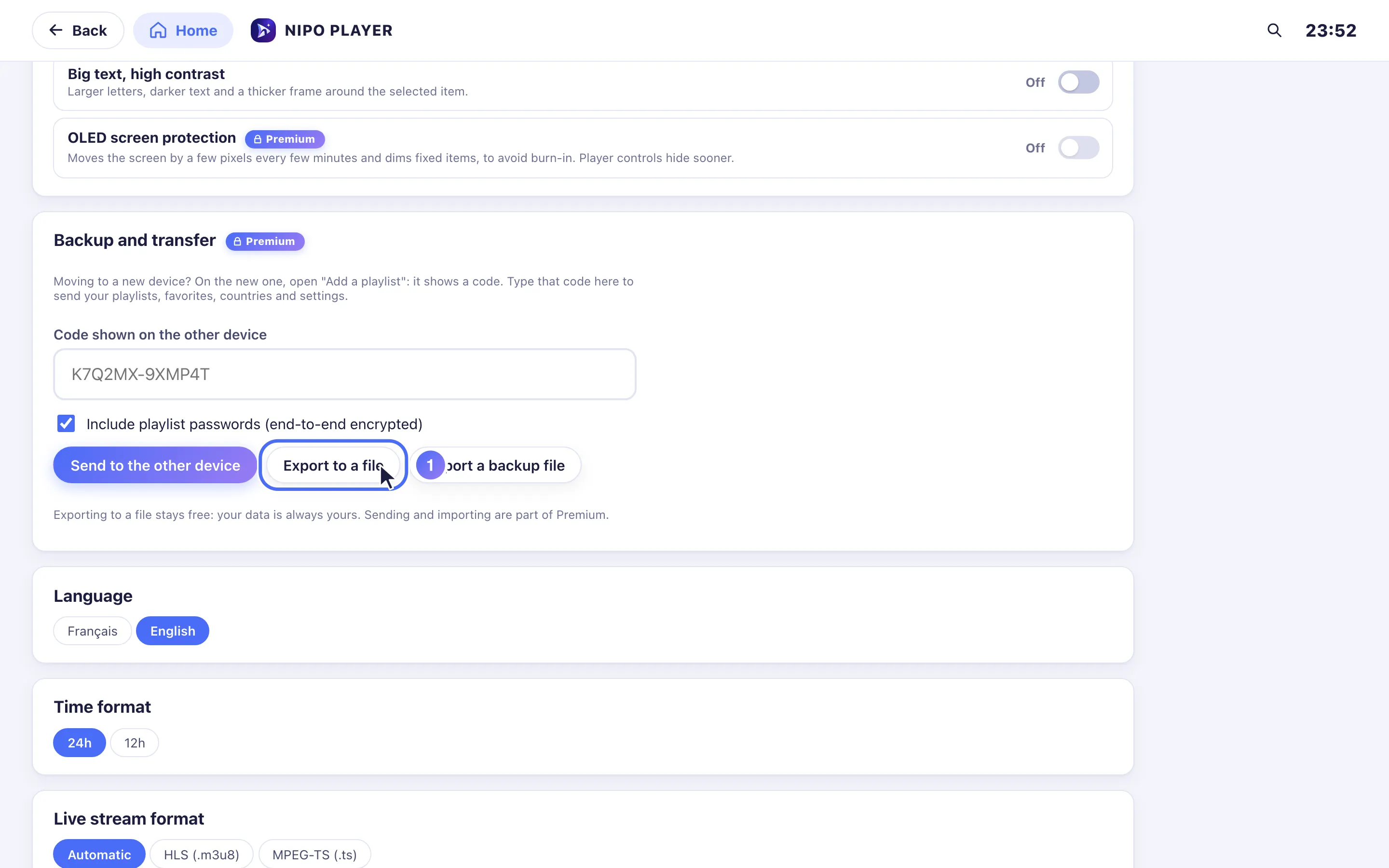 Settings, Backup and transfer, the Export to a file button