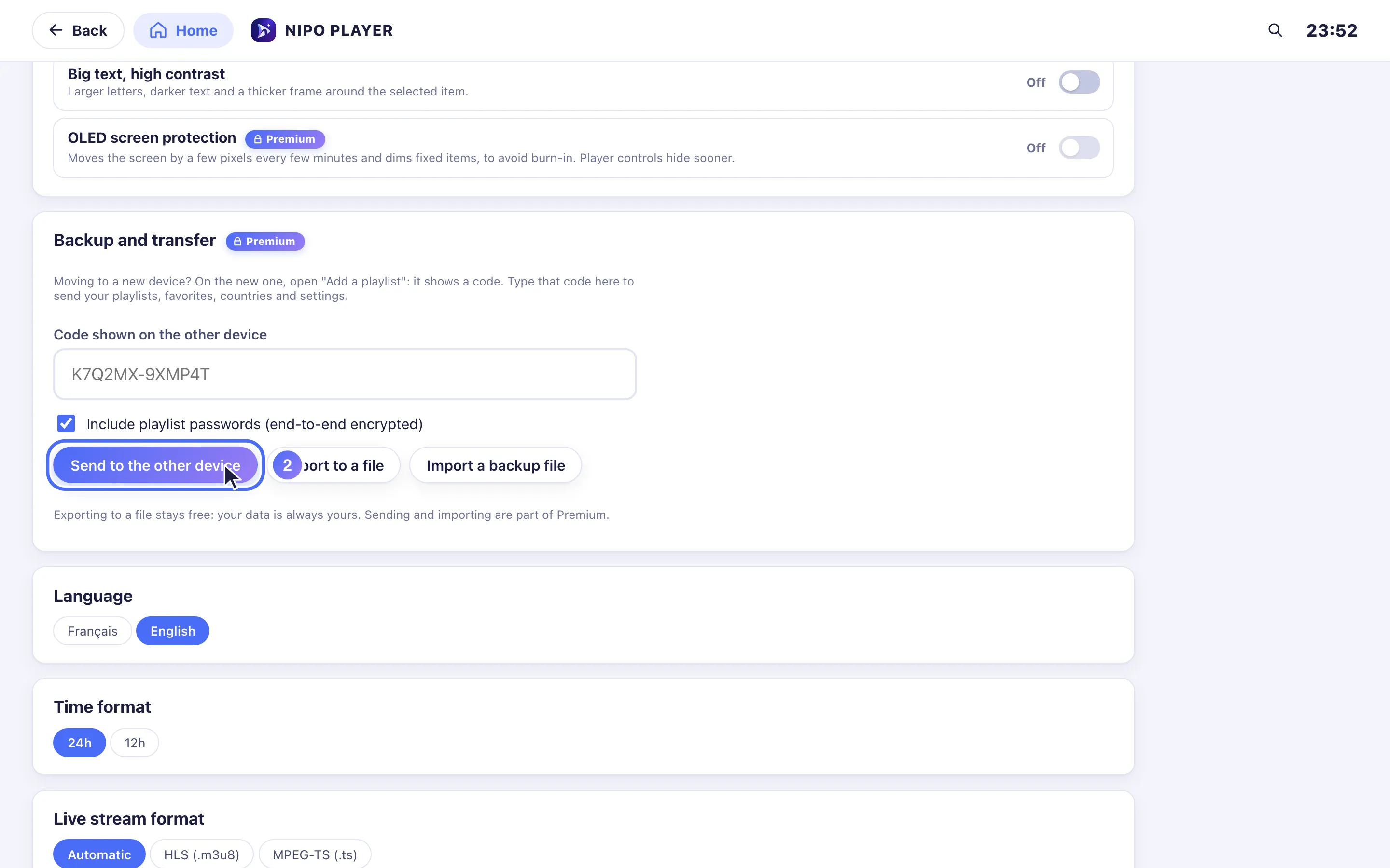 Settings, Backup and transfer, the Premium actions