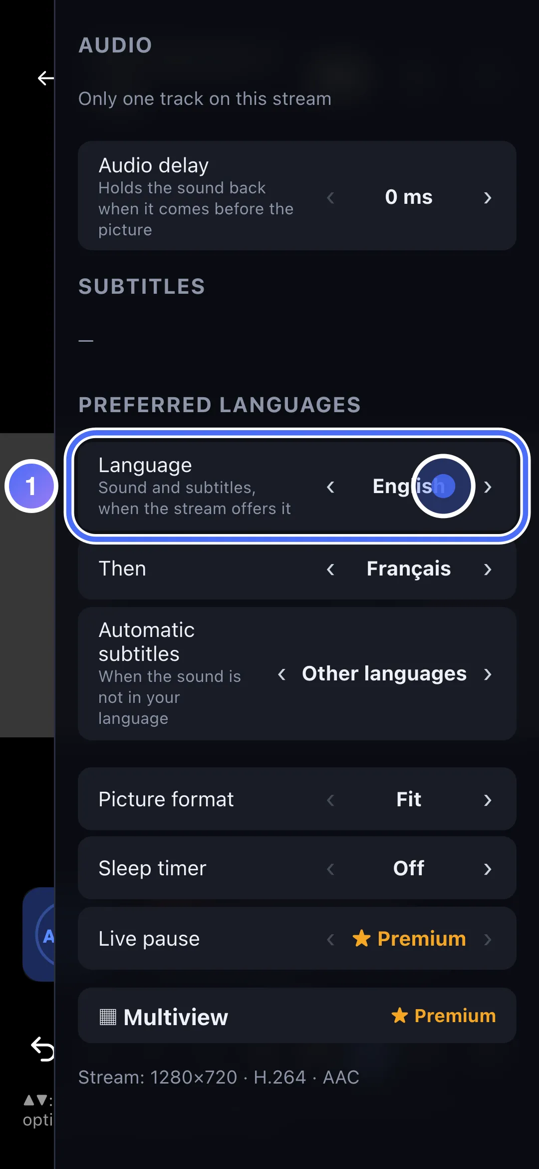 Player options, Preferred languages, the Language row