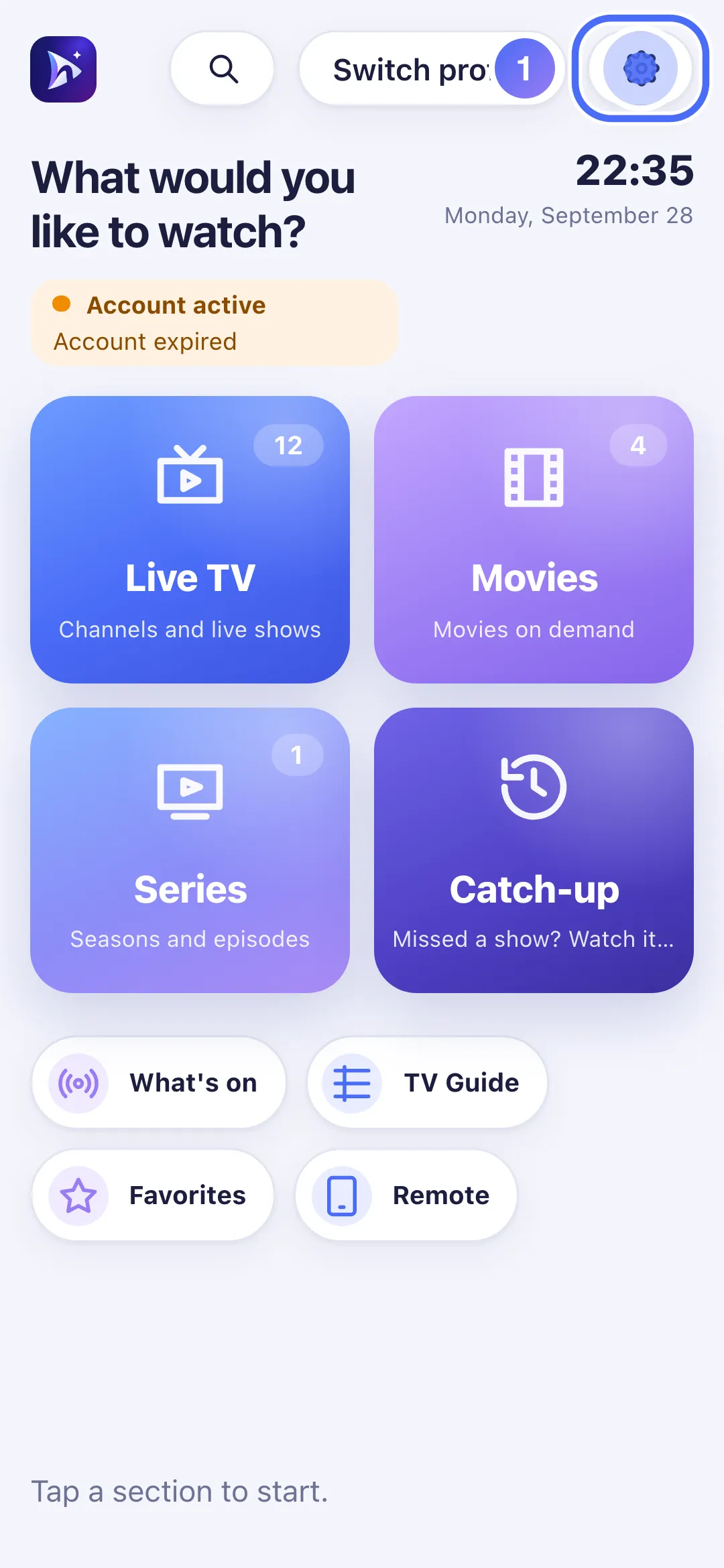 Nipo Player Home on phone, Settings button