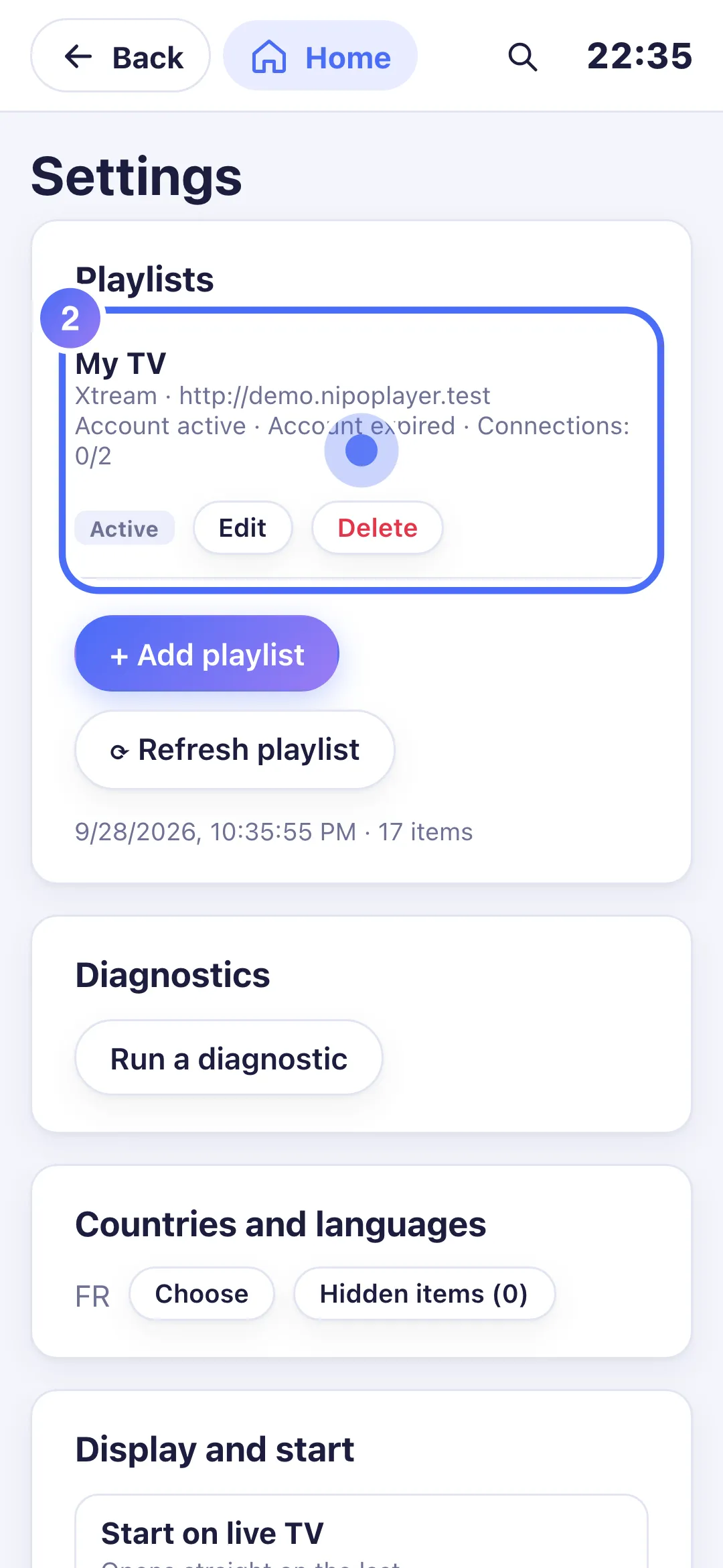 Settings, the playlist shows a past expiry date
