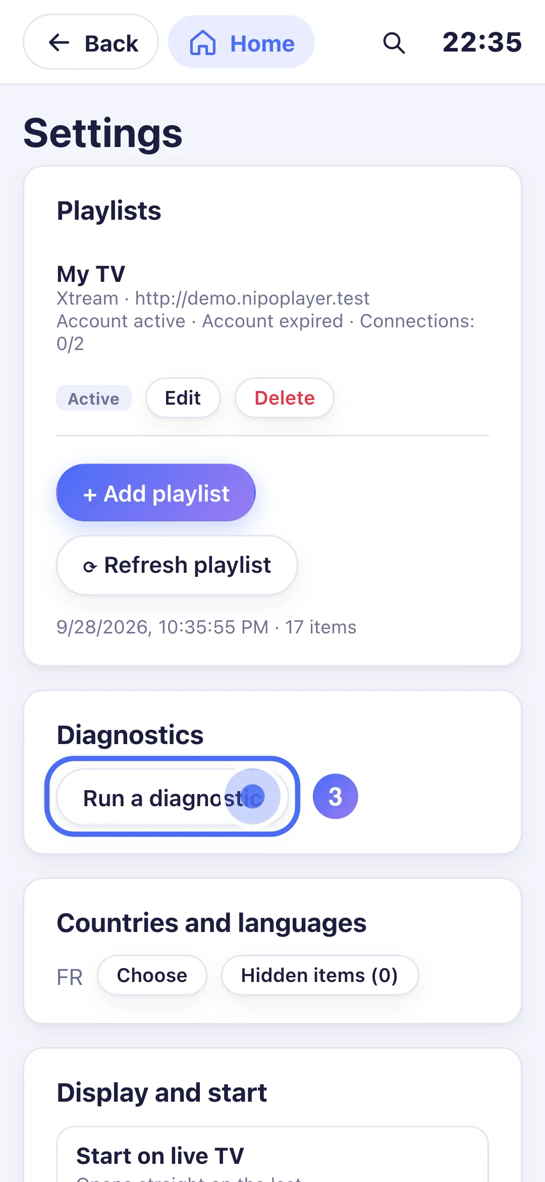 Settings, Run a diagnostic button
