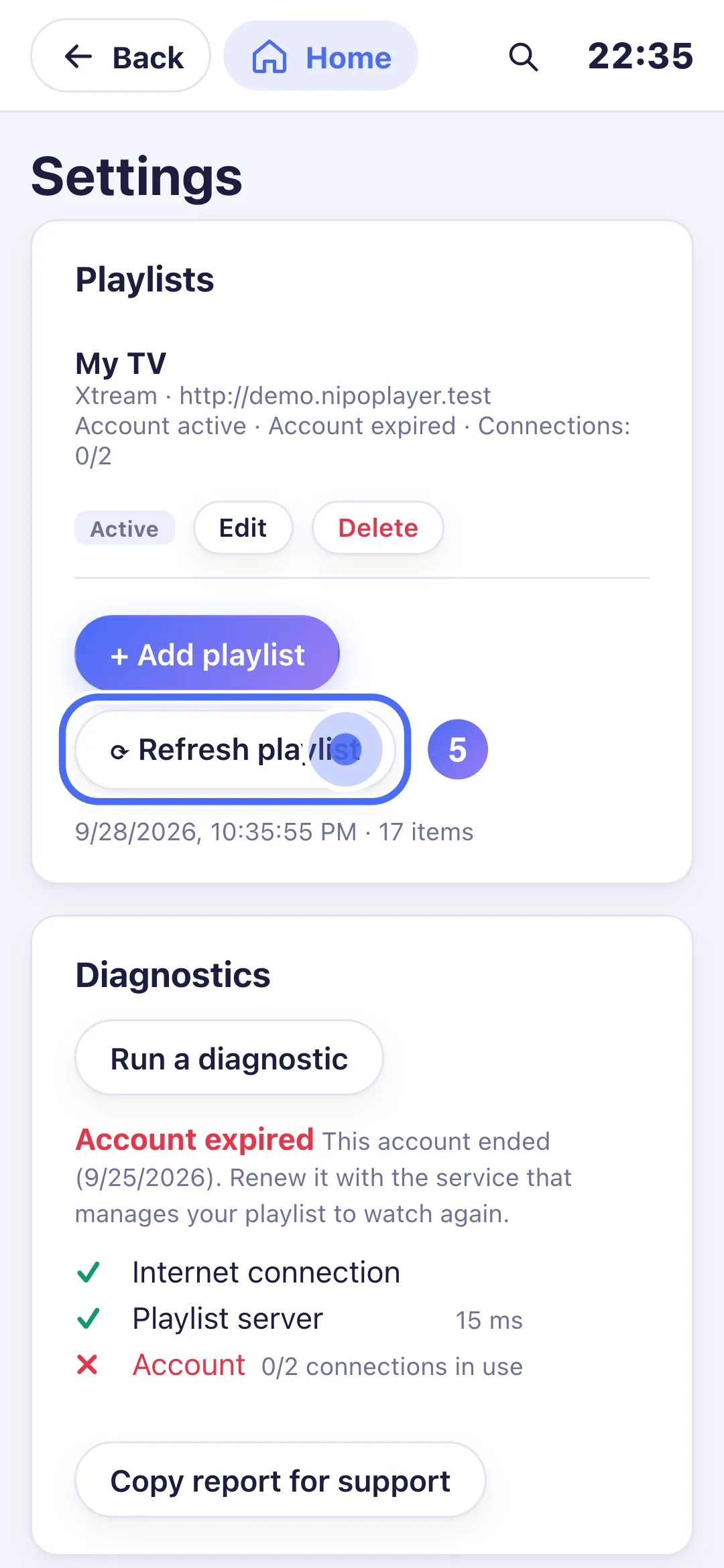 Settings, Refresh playlist button