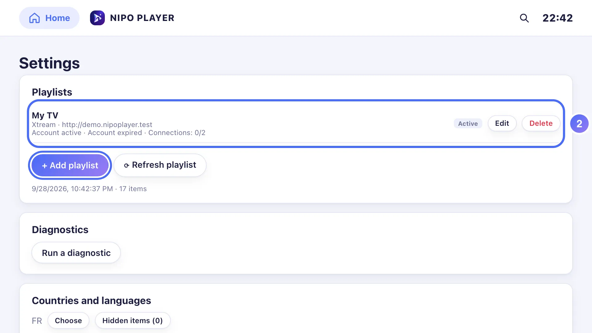 Settings, the playlist shows a past expiry date