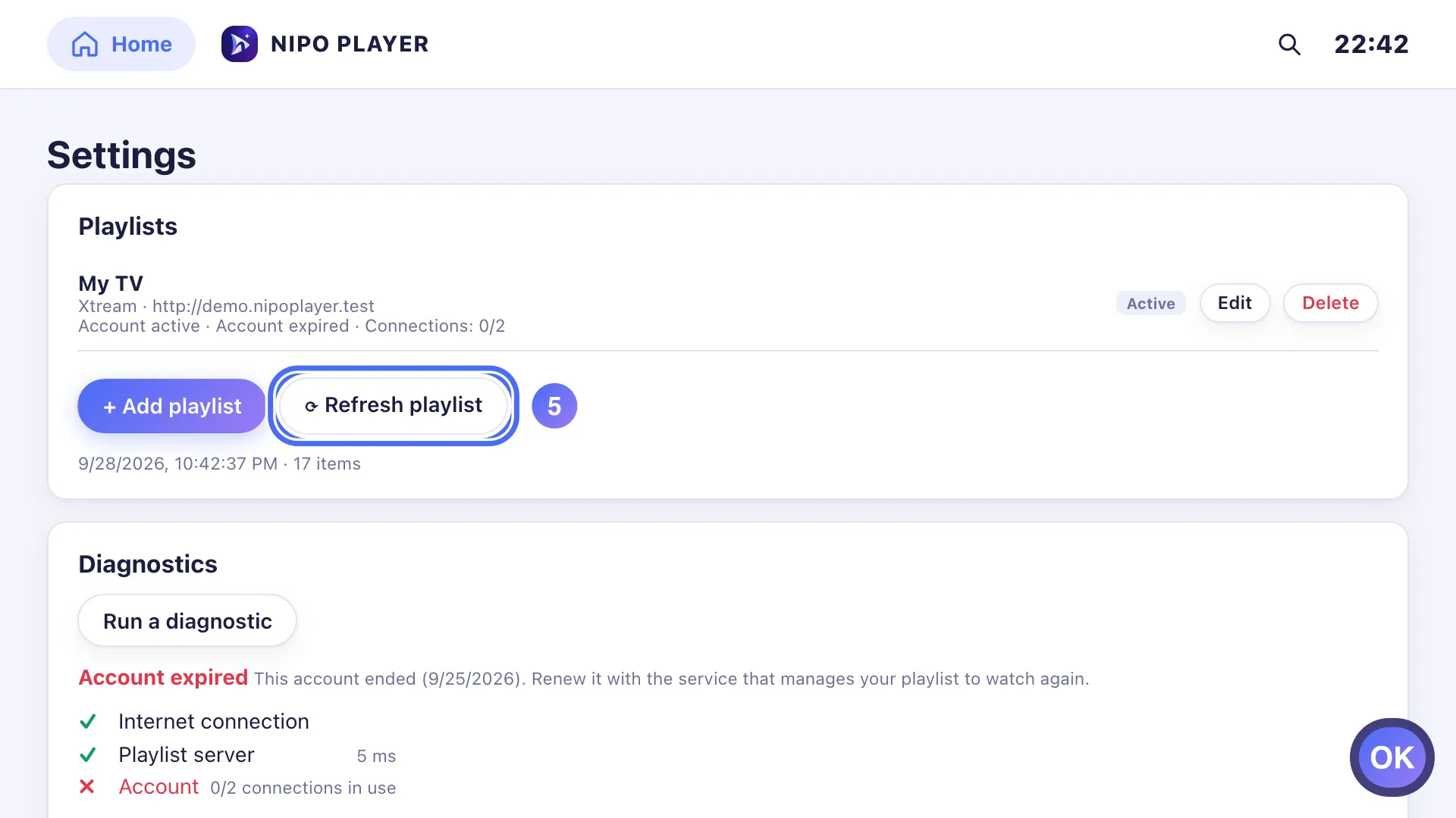 Settings, Refresh playlist button selected