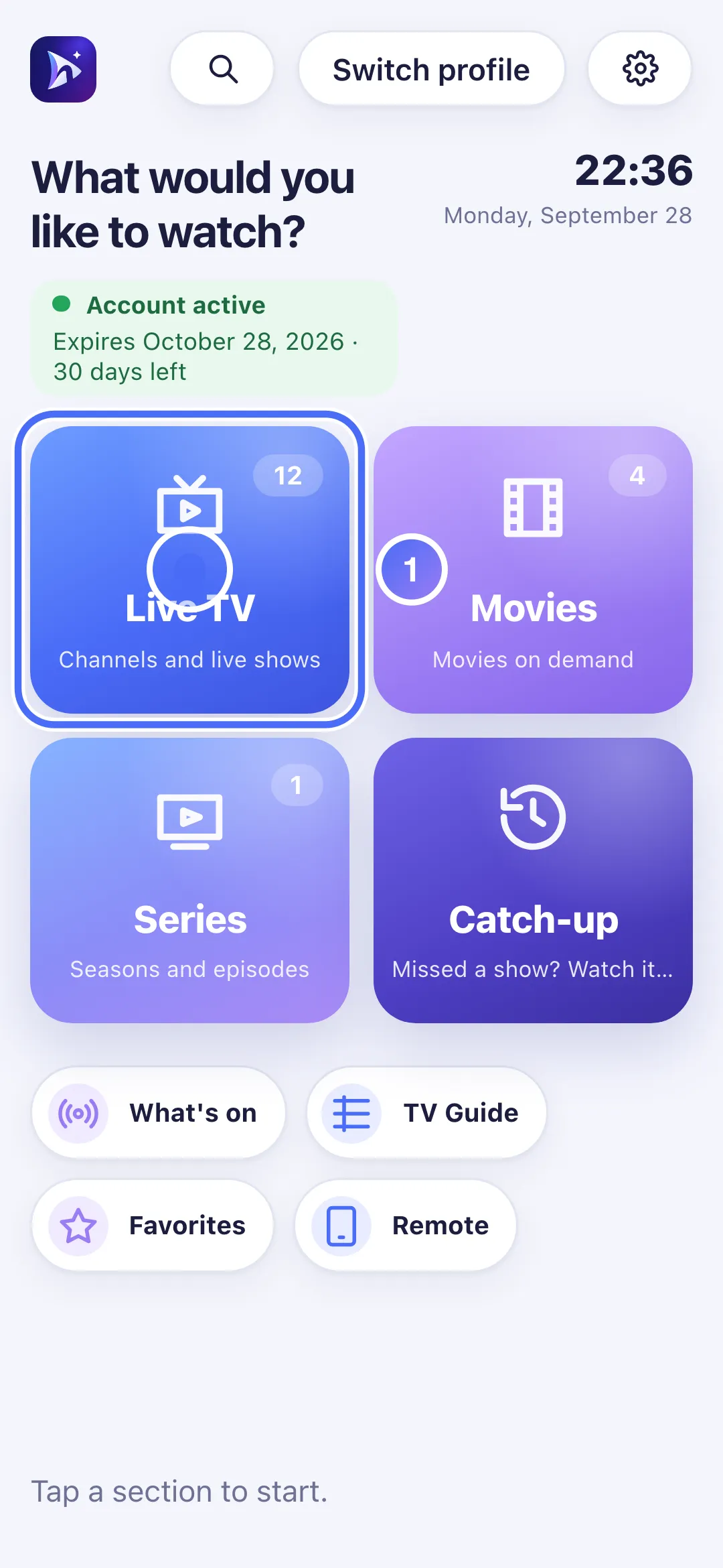 Nipo Player Home on phone, Live TV door