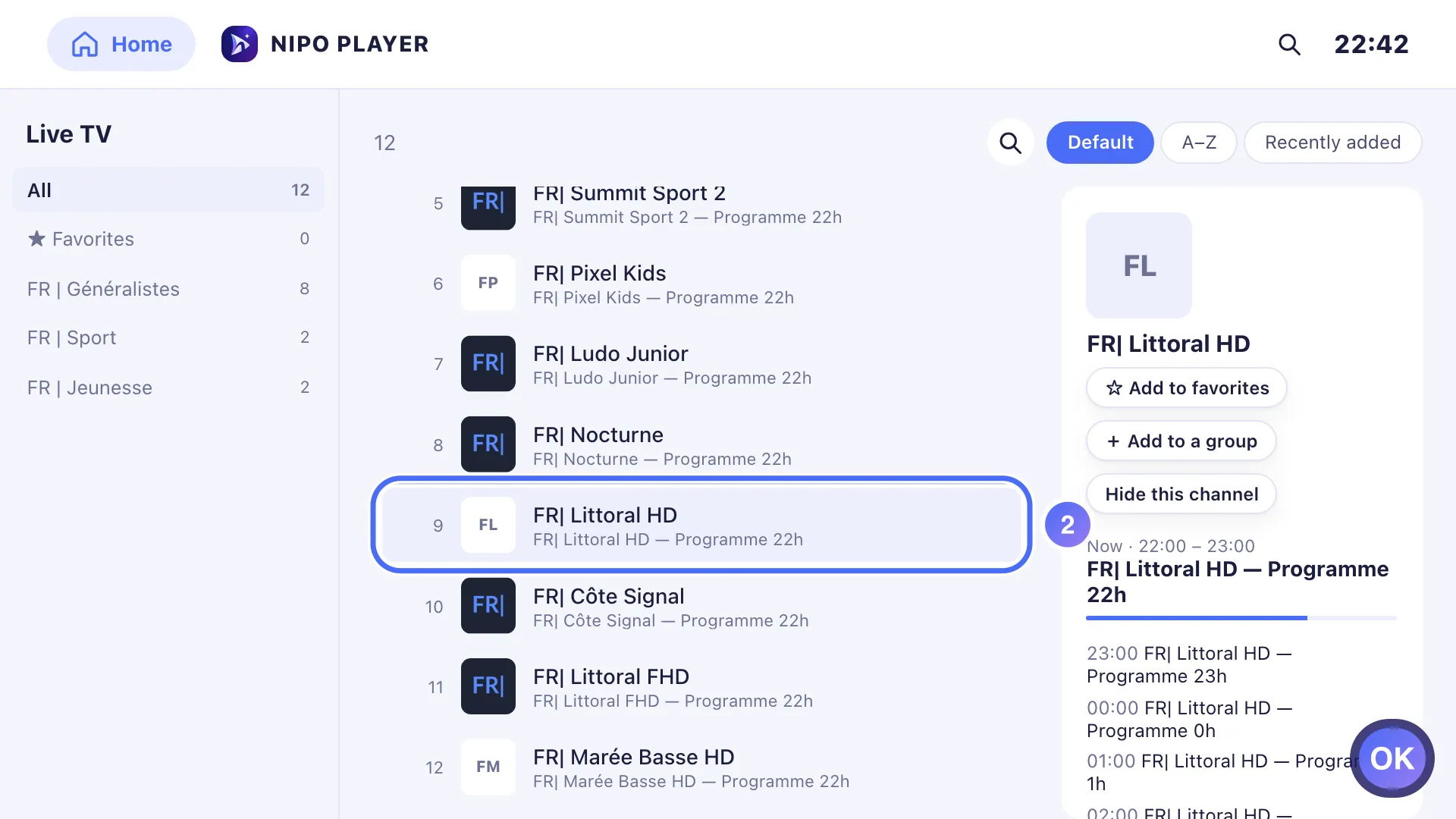 Live channel list, a channel selected