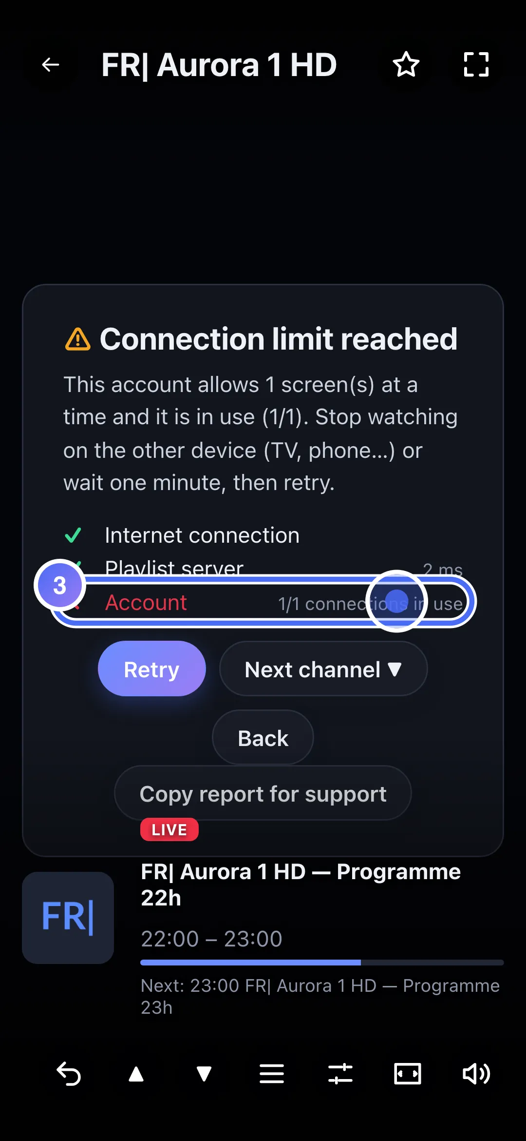 Diagnosis: Connection limit reached, 1 of 1 connections in use