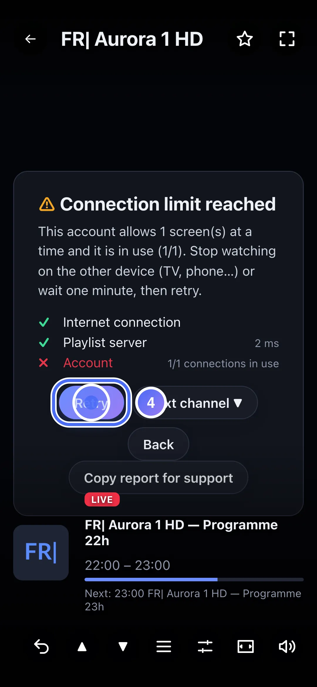 Diagnosis panel, Retry button