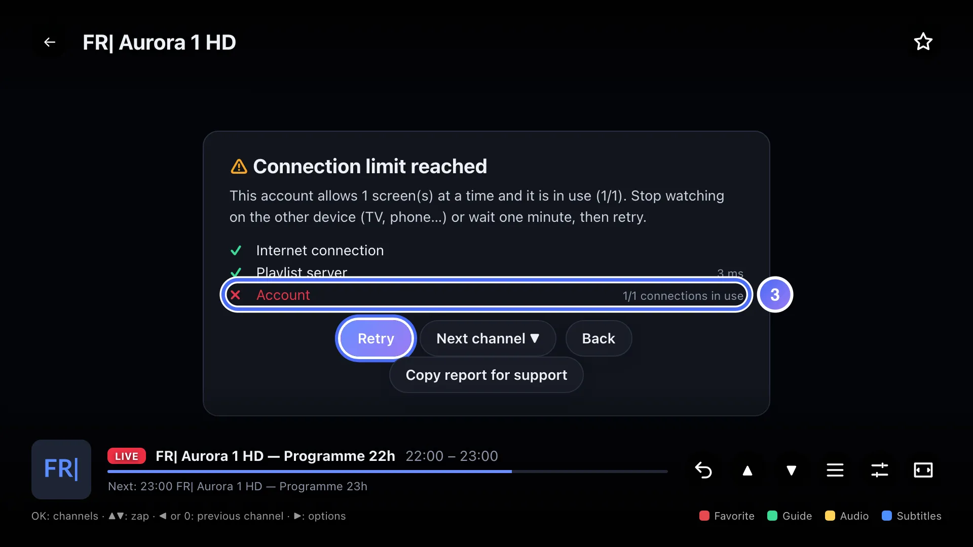 Diagnosis: Connection limit reached, 1 of 1 connections in use