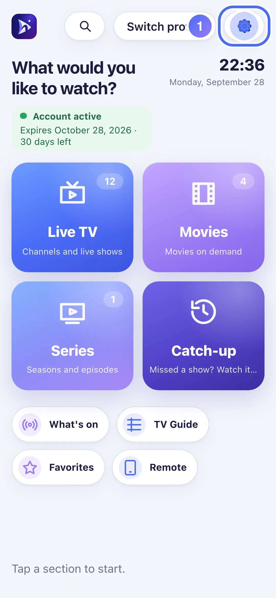 Nipo Player Home on phone, Settings button