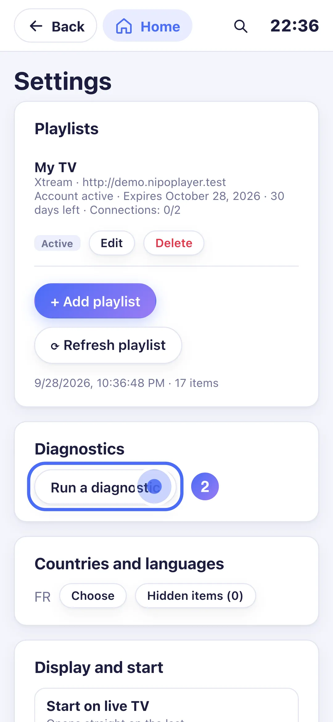 Settings, Run a diagnostic button