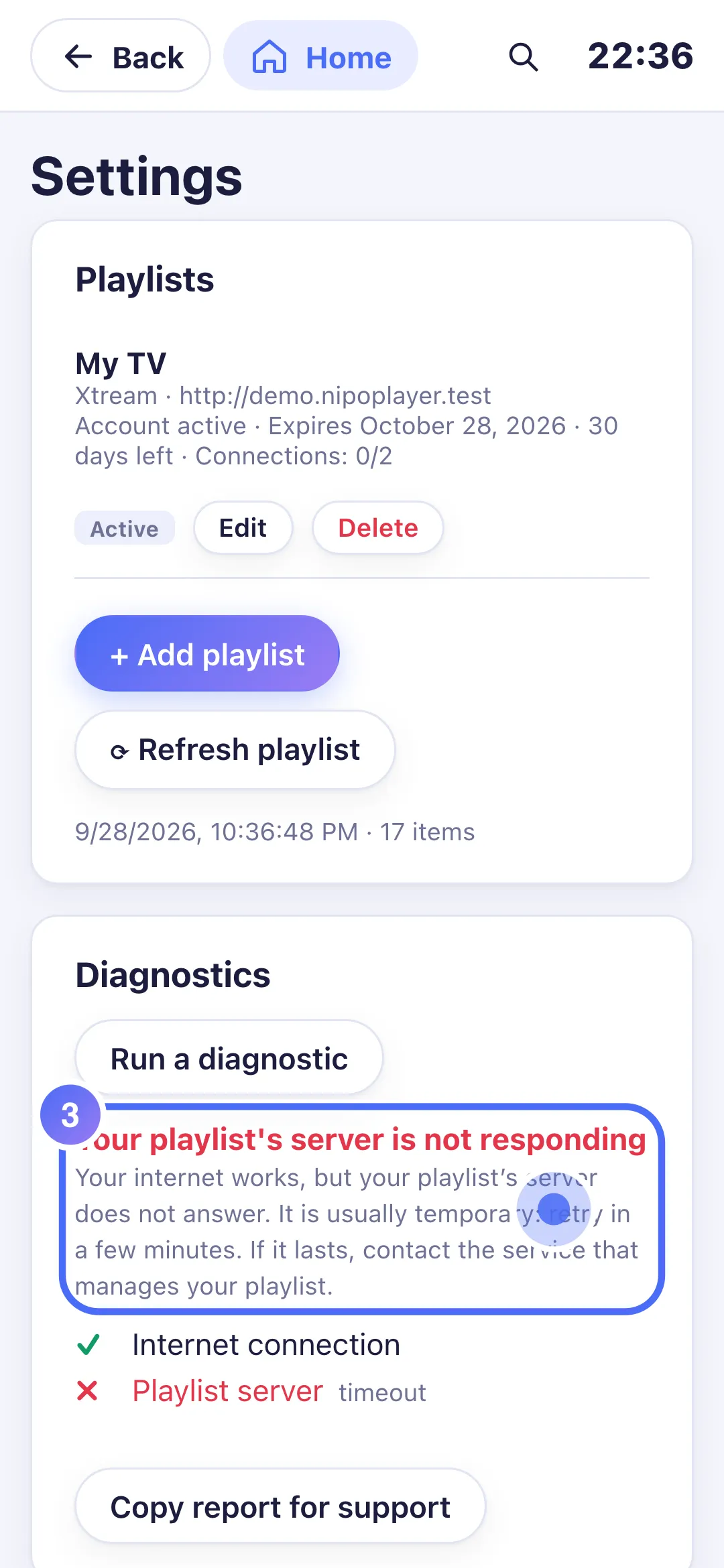 Diagnosis result: Your playlist’s server is not responding