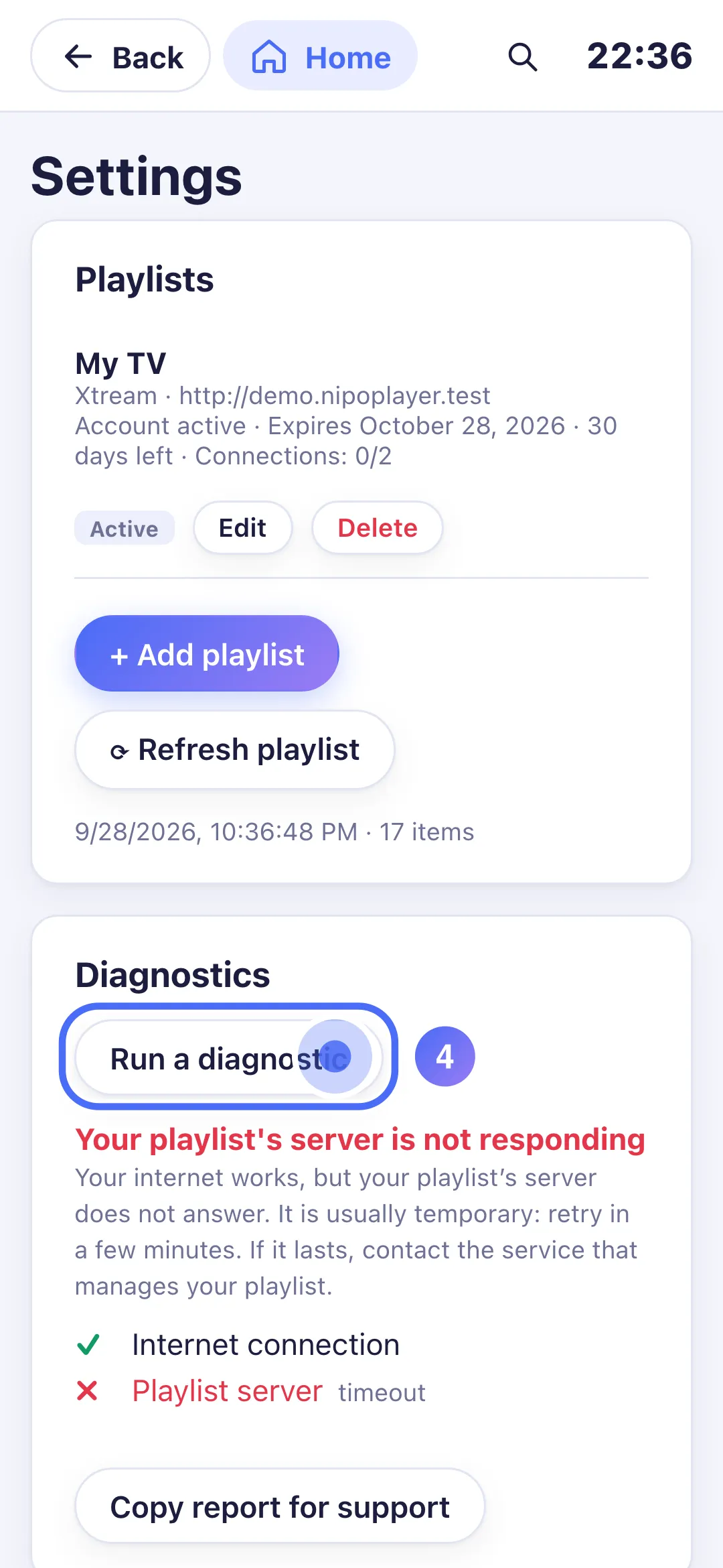 Settings, the Run a diagnostic button again
