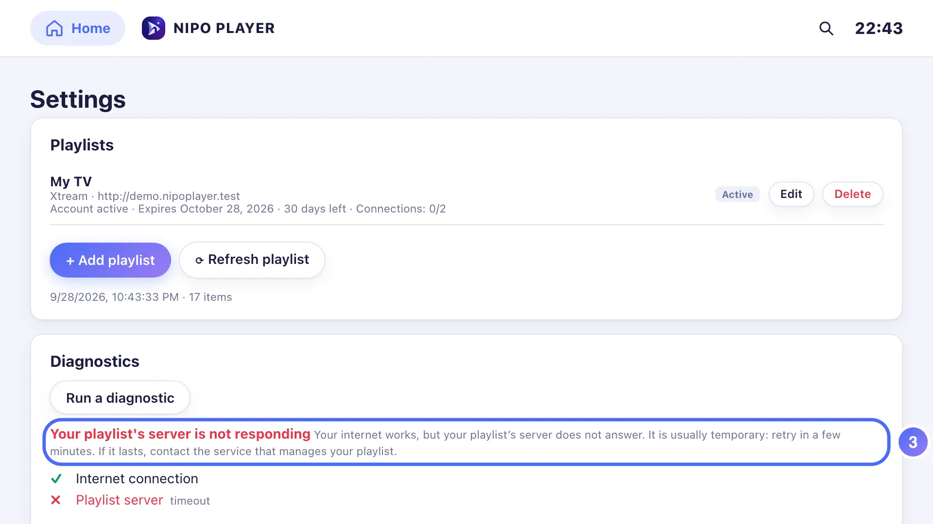 Diagnosis result: Your playlist’s server is not responding