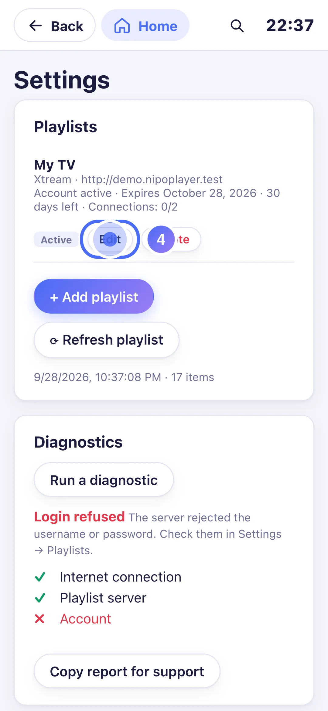 Settings, the playlist’s Edit button