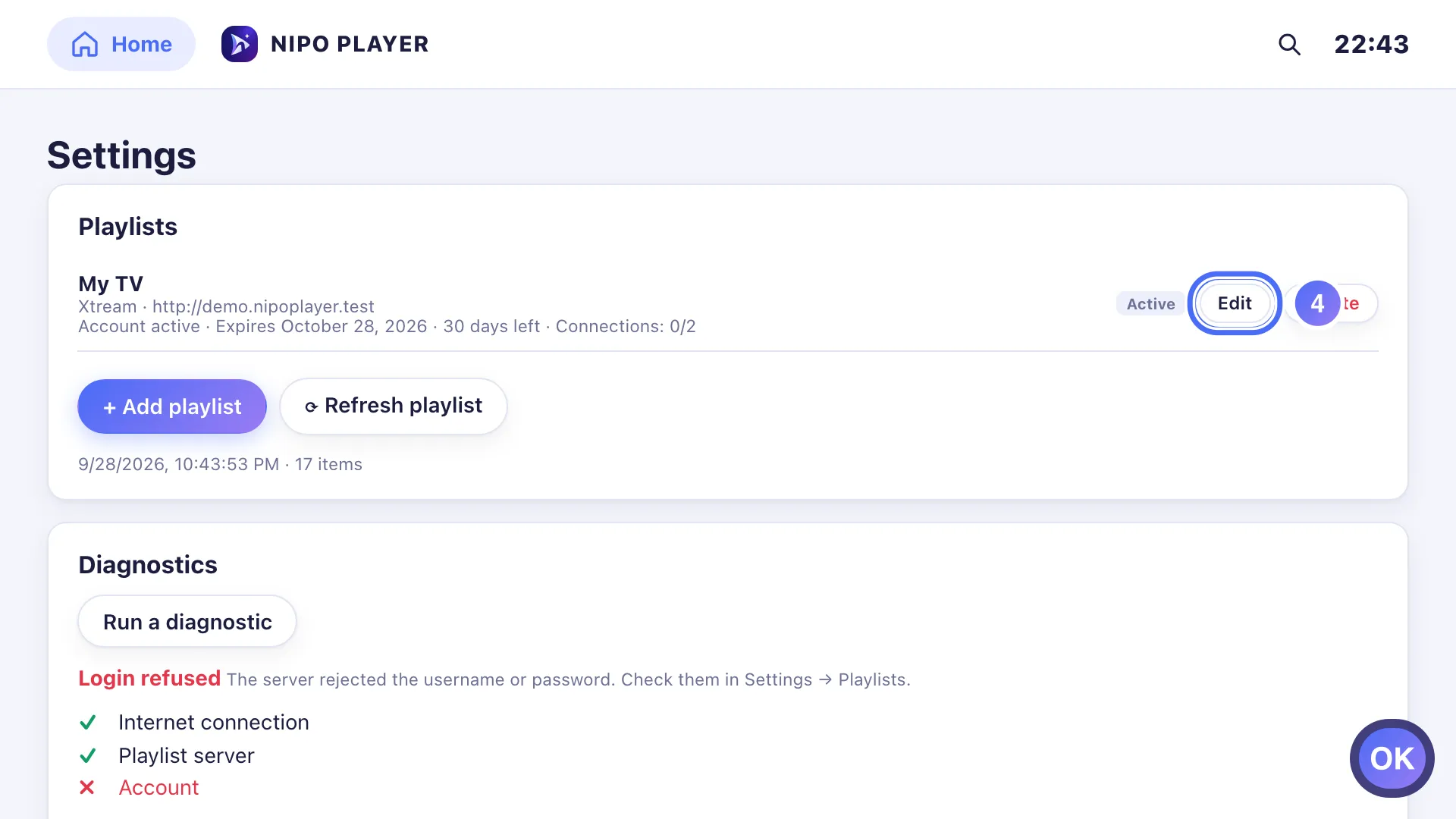 Settings, the playlist’s Edit button selected