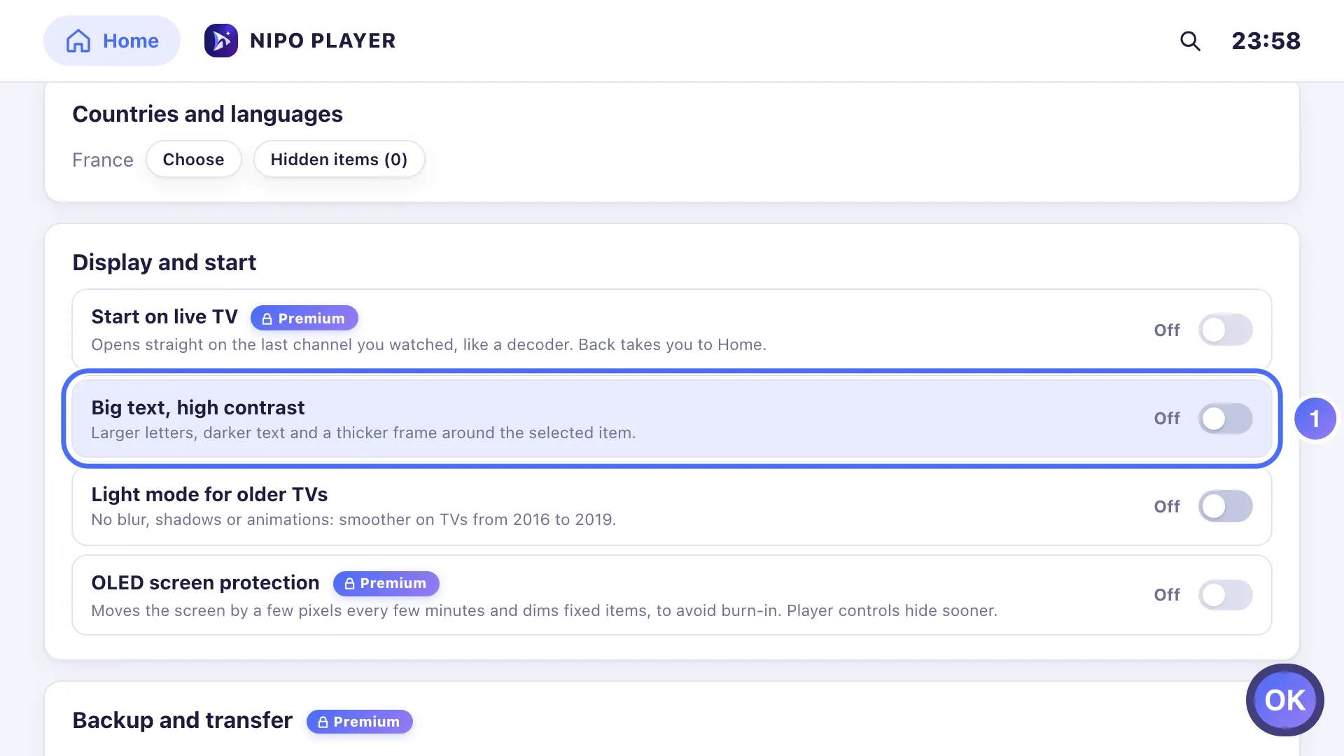 Settings, Display and start, the Big text setting