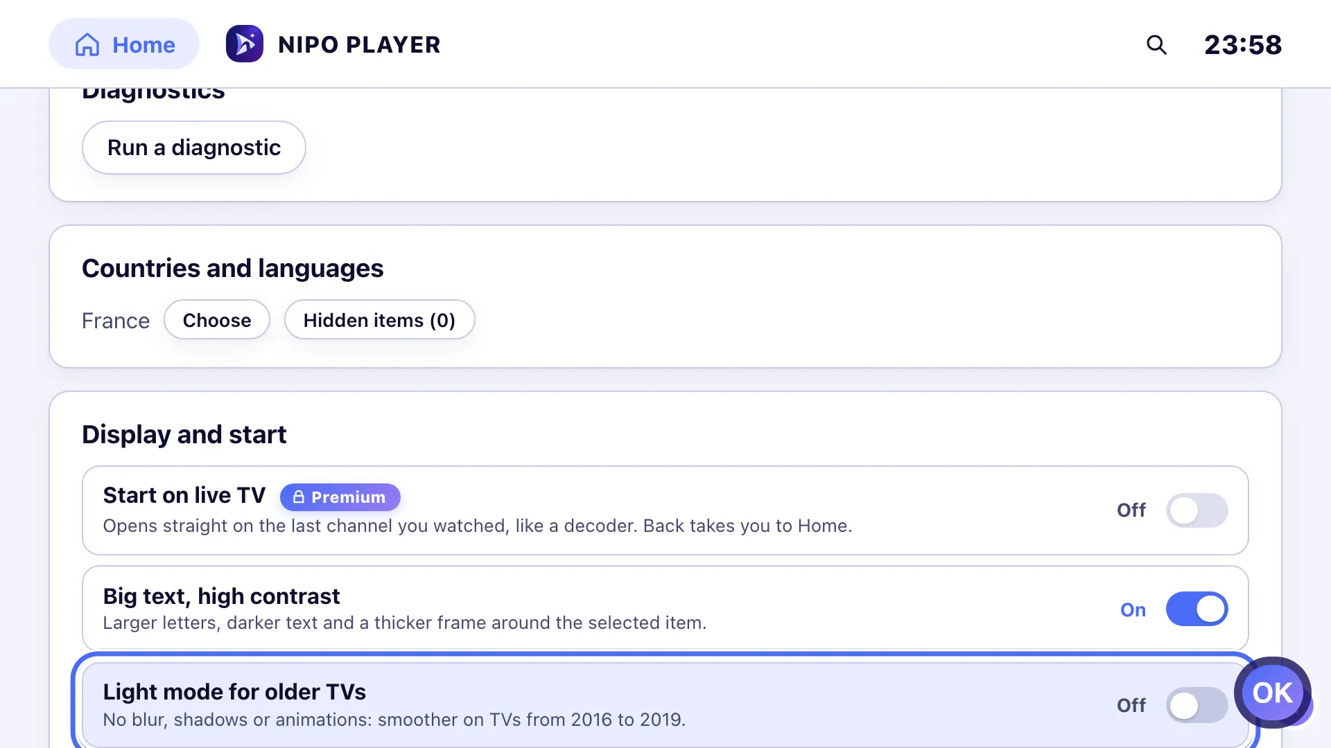 Settings, the Light mode for older TVs setting