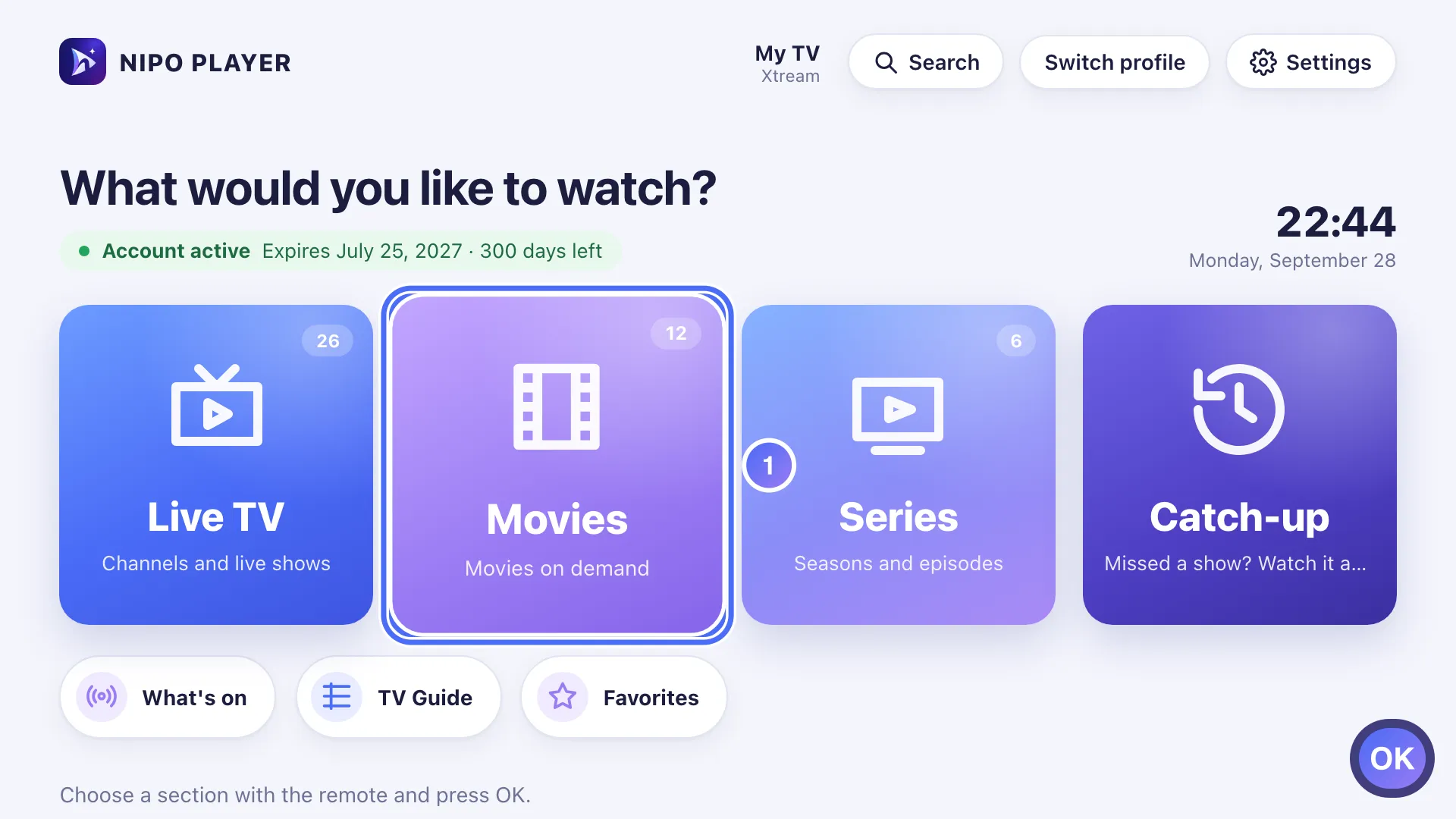Nipo Player Home, the Movies door is selected