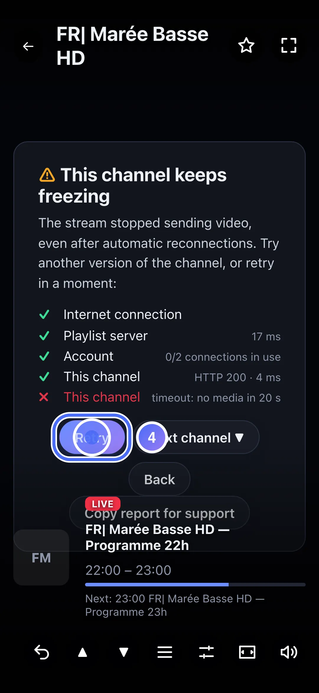Diagnosis panel, Retry button